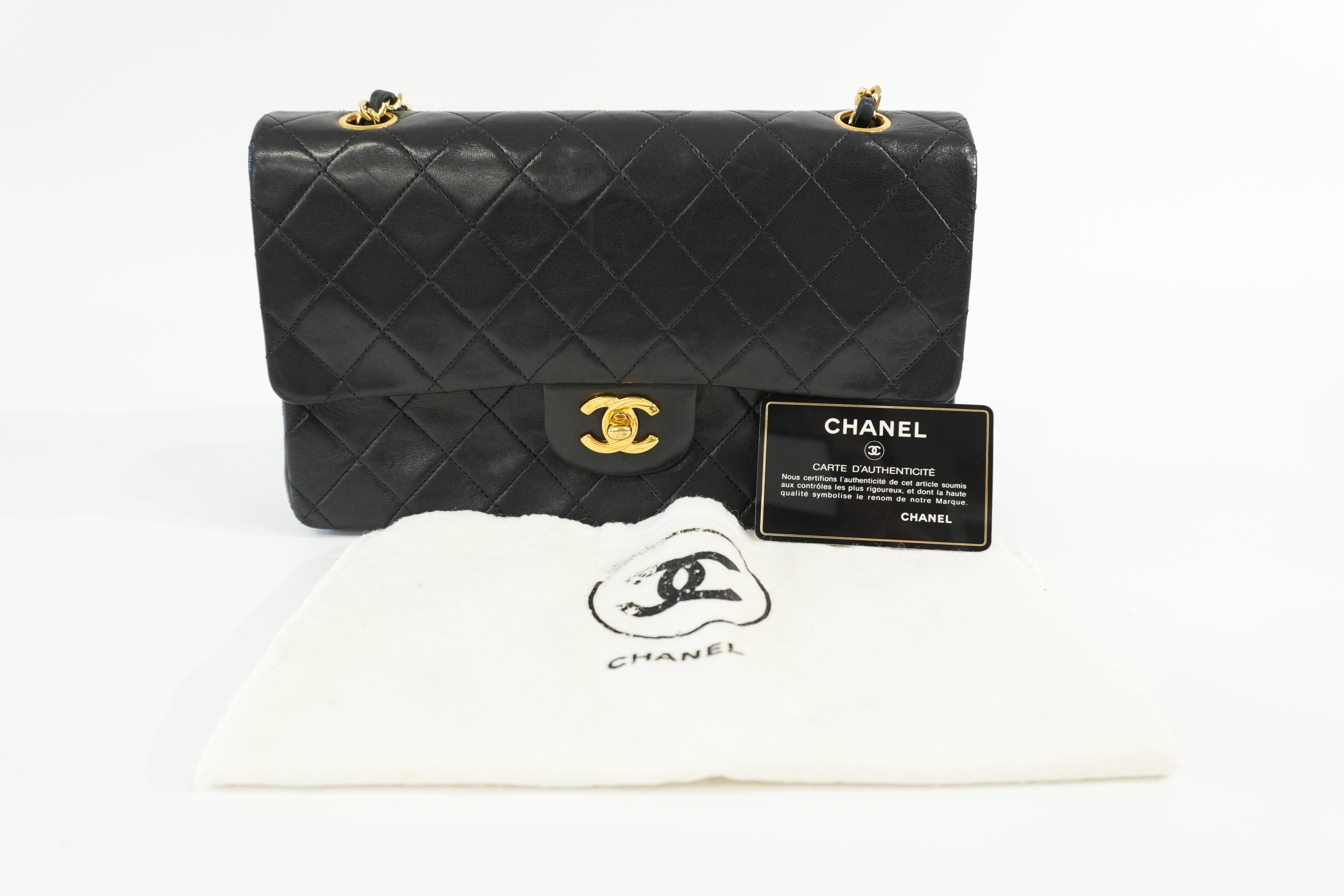Pre-owned Chanel Lambskin Leather Double Flap Chain Shoulder Bag Black