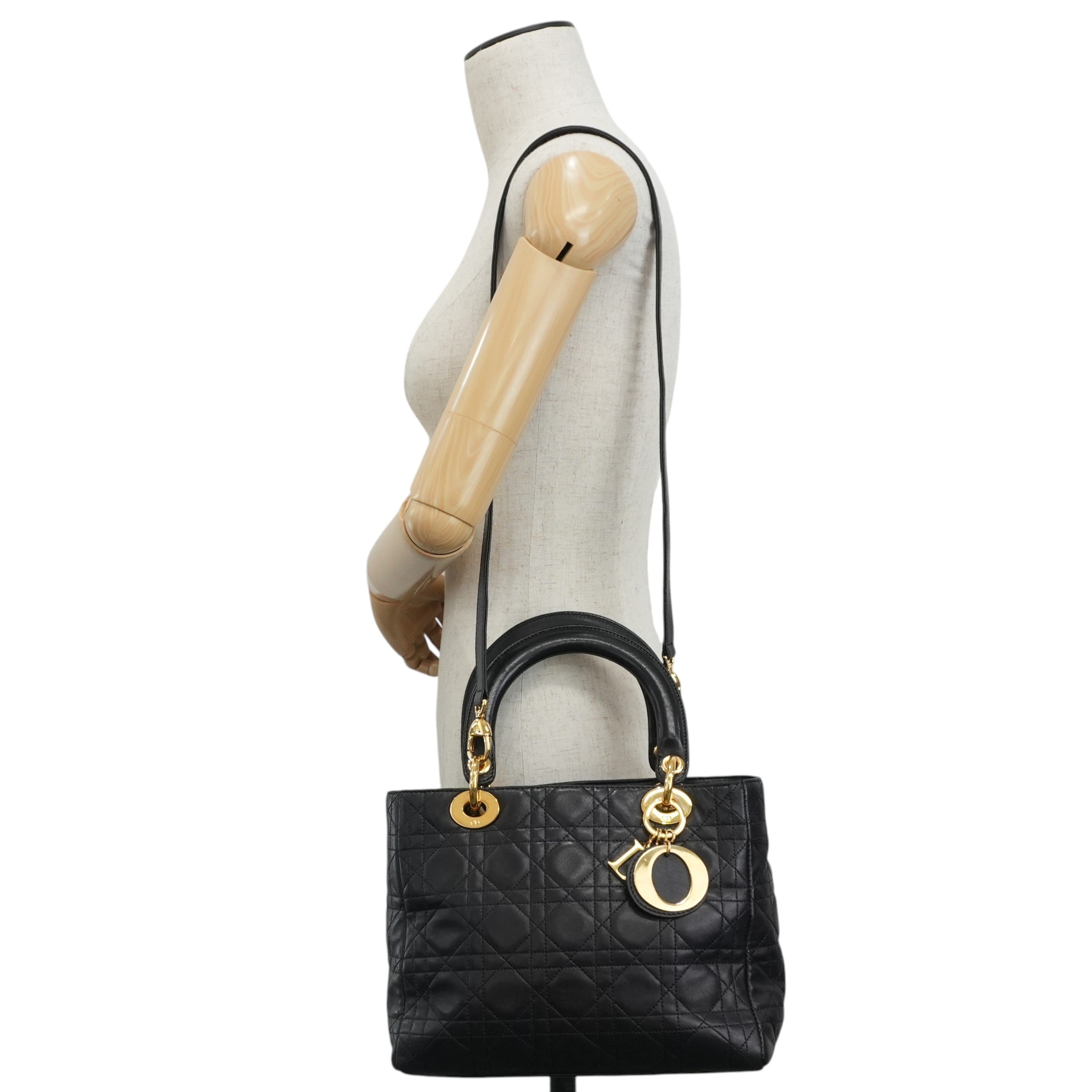 Christian Dior Leather Lady D-Lite Shoulder Bag Black Used