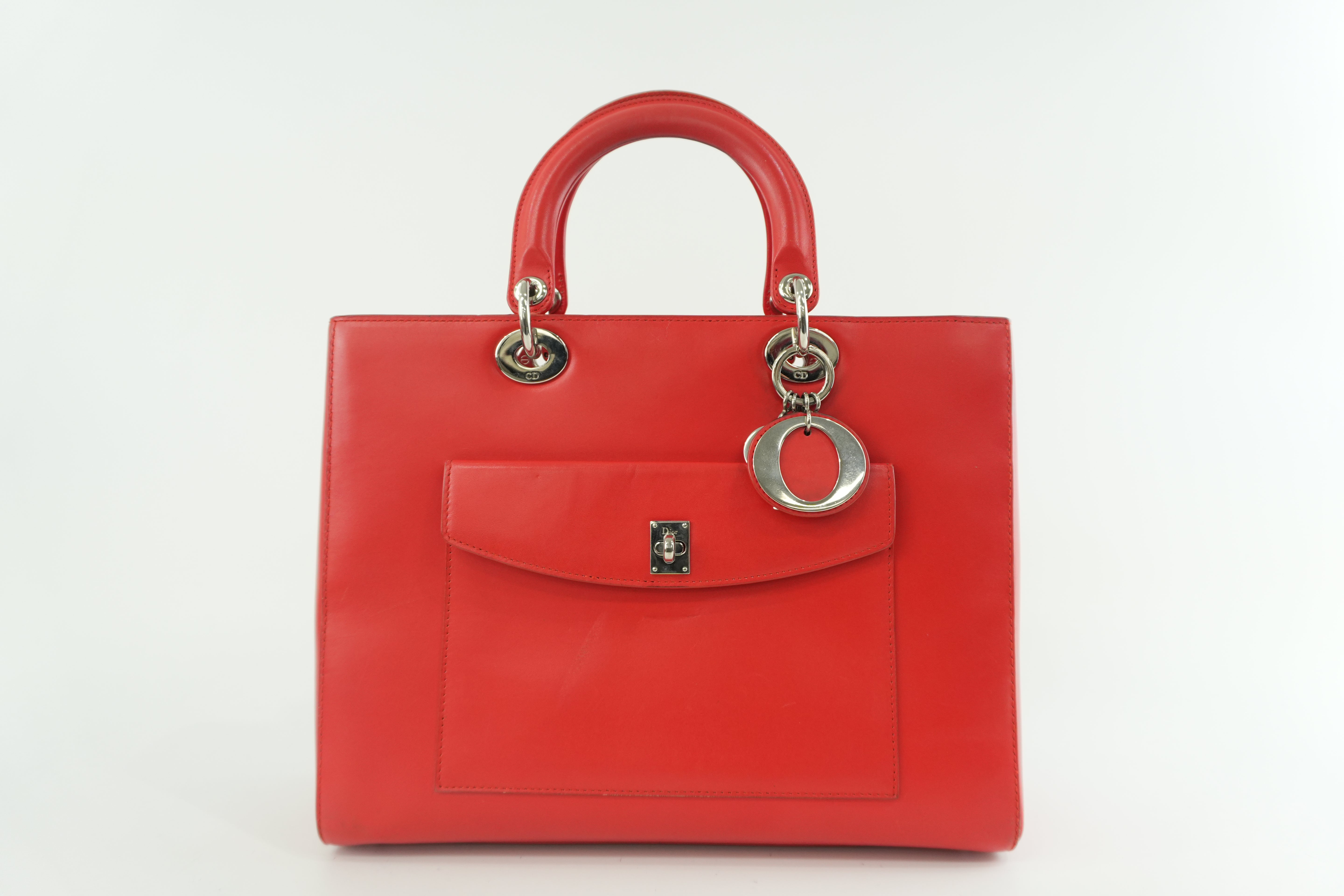 Christian Dior Leather Lady Dior Tote Handbag Red Used