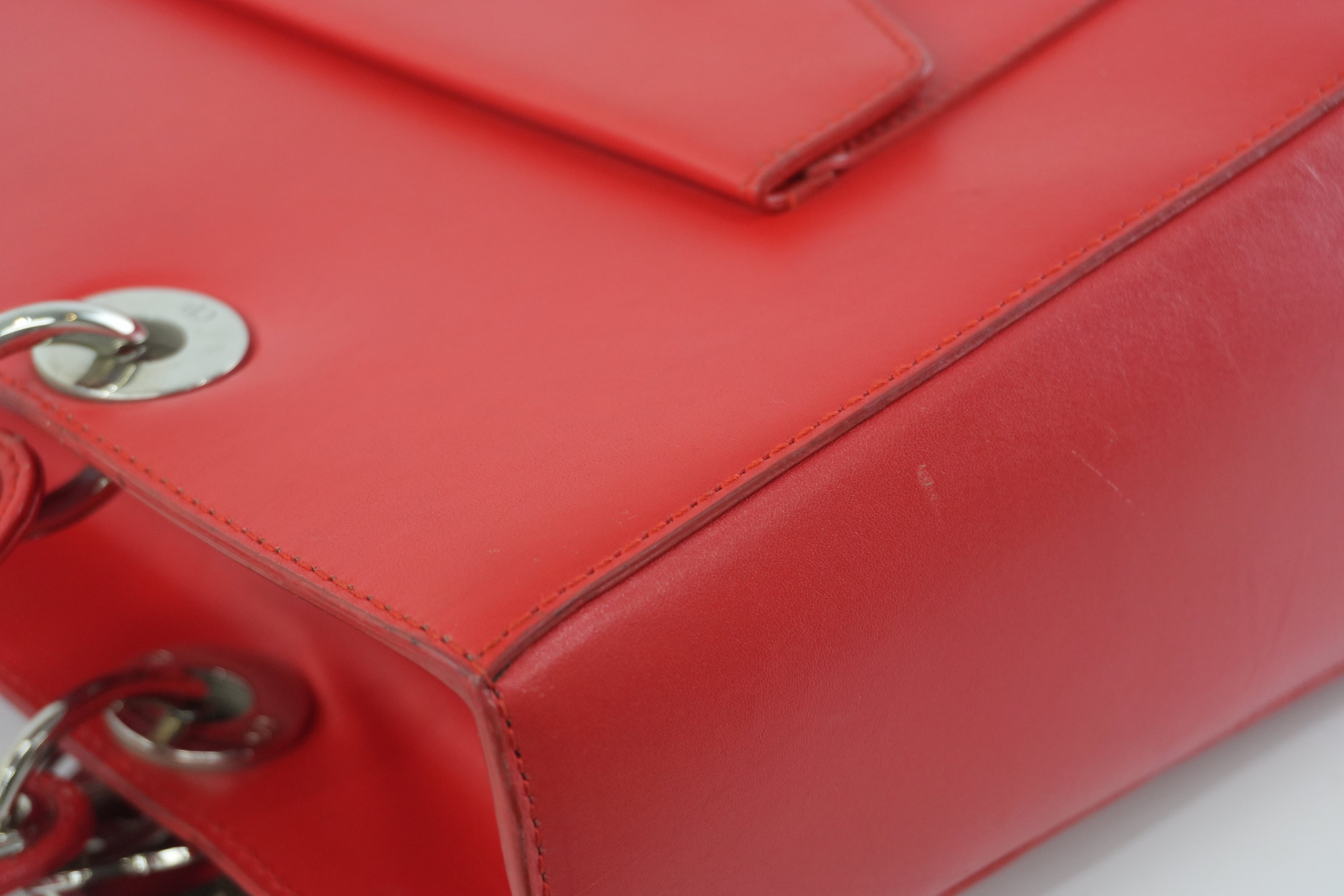 Christian Dior Leather Lady Dior Tote Handbag Red Used