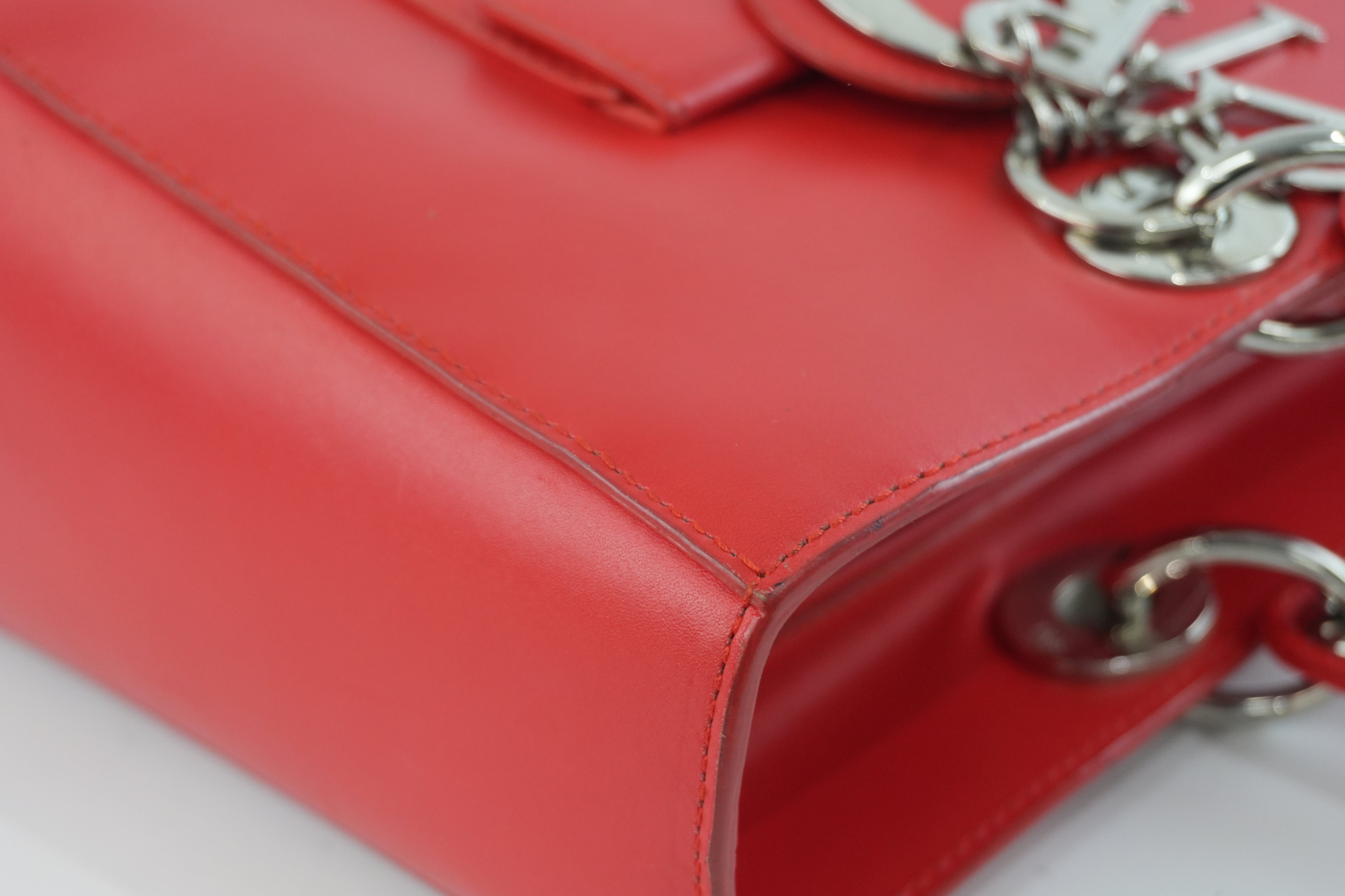 Christian Dior Leather Lady Dior Tote Handbag Red Used