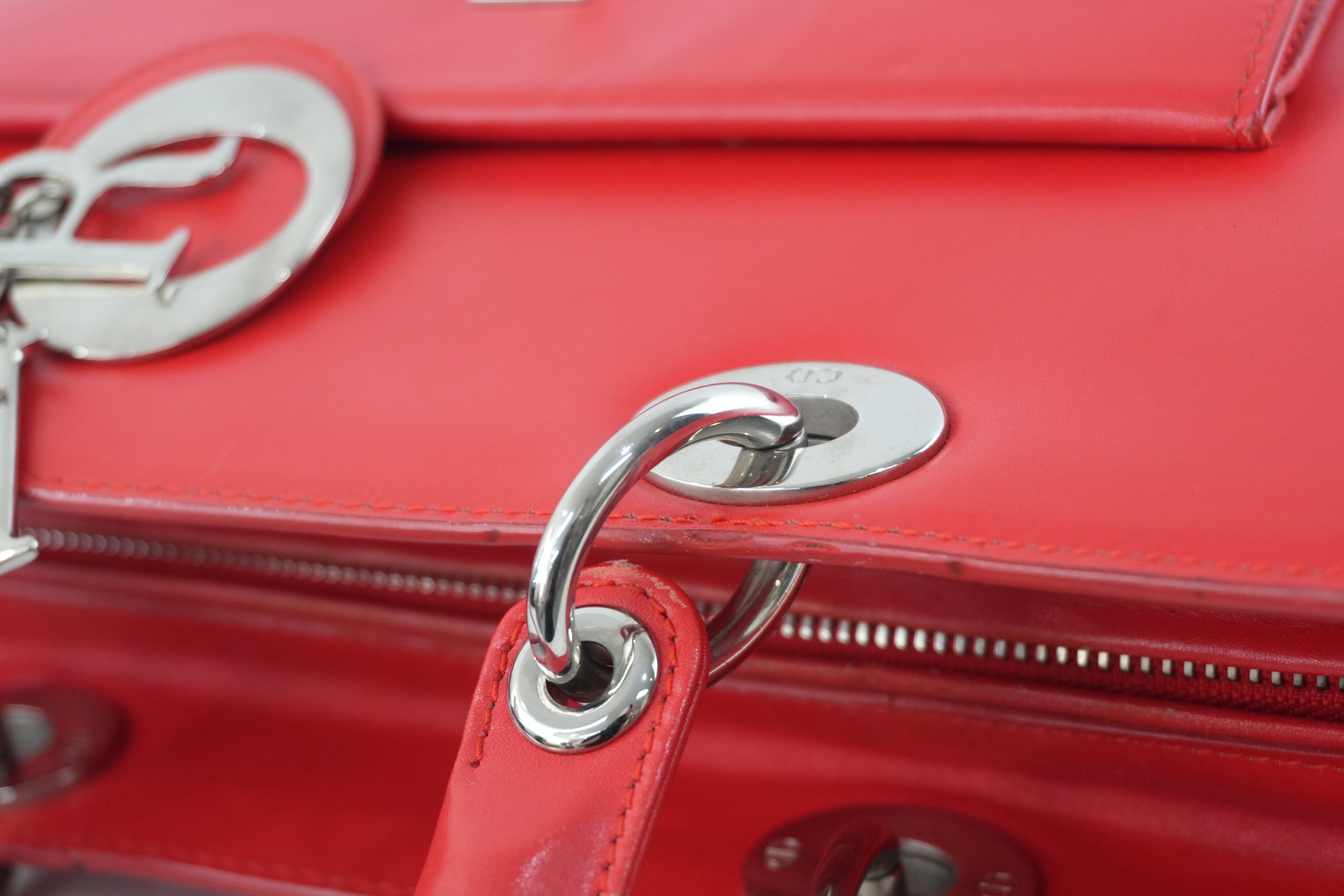 Christian Dior Leather Lady Dior Tote Handbag Red Used