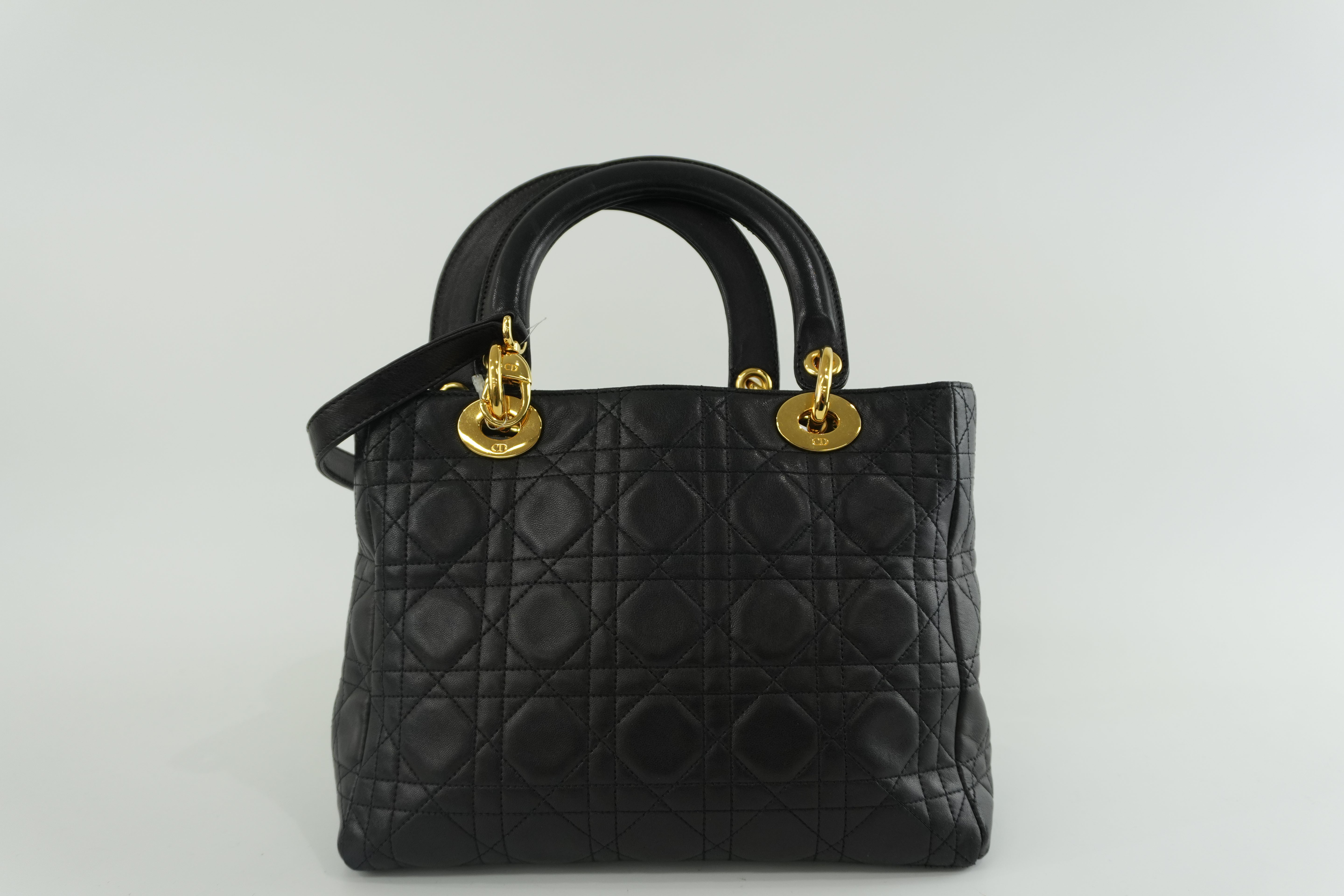 Christian Dior Leather Lady D-Lite Shoulder Bag Black Used