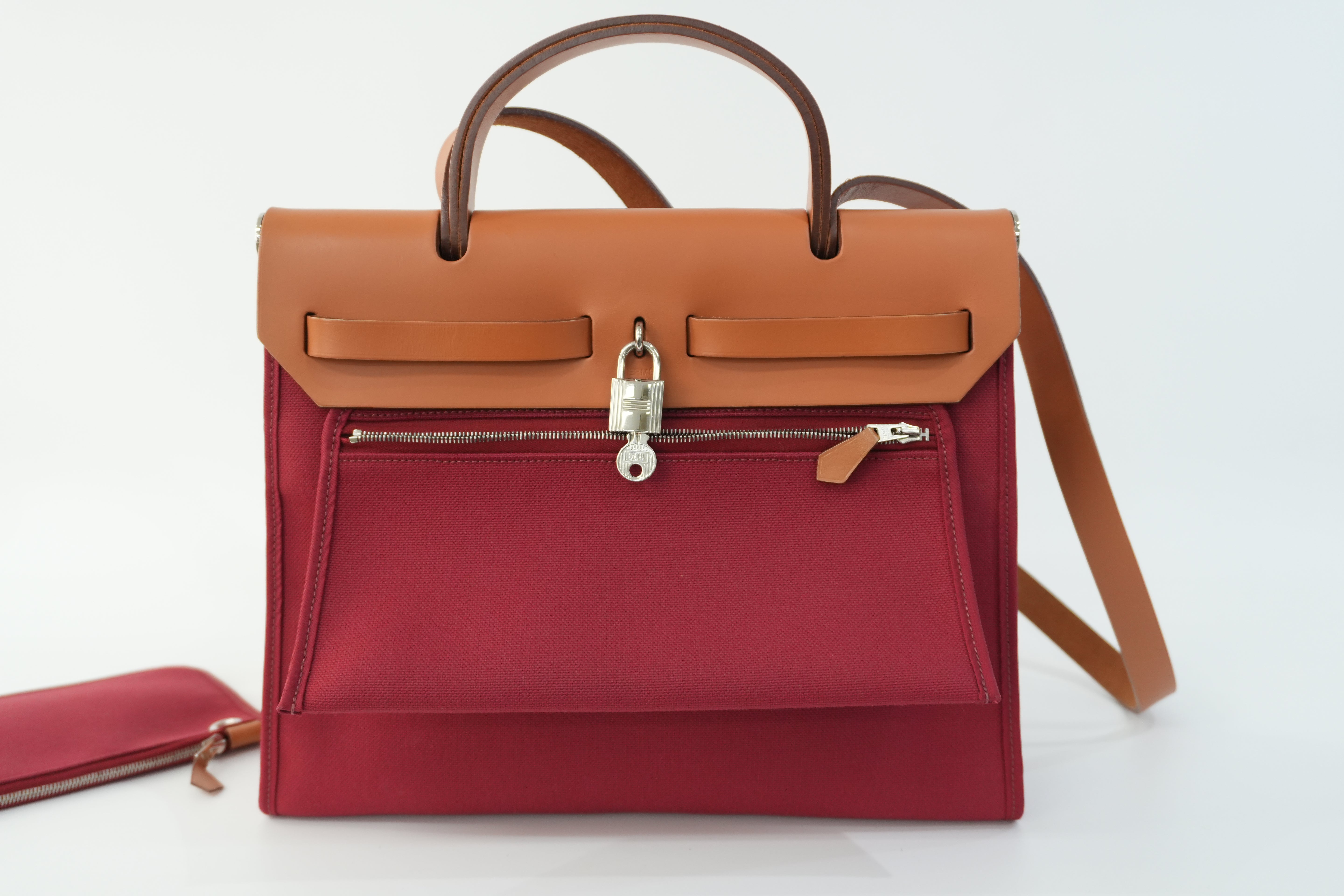 Hermes Canvas Herzip Tote Bag Red Orange Used