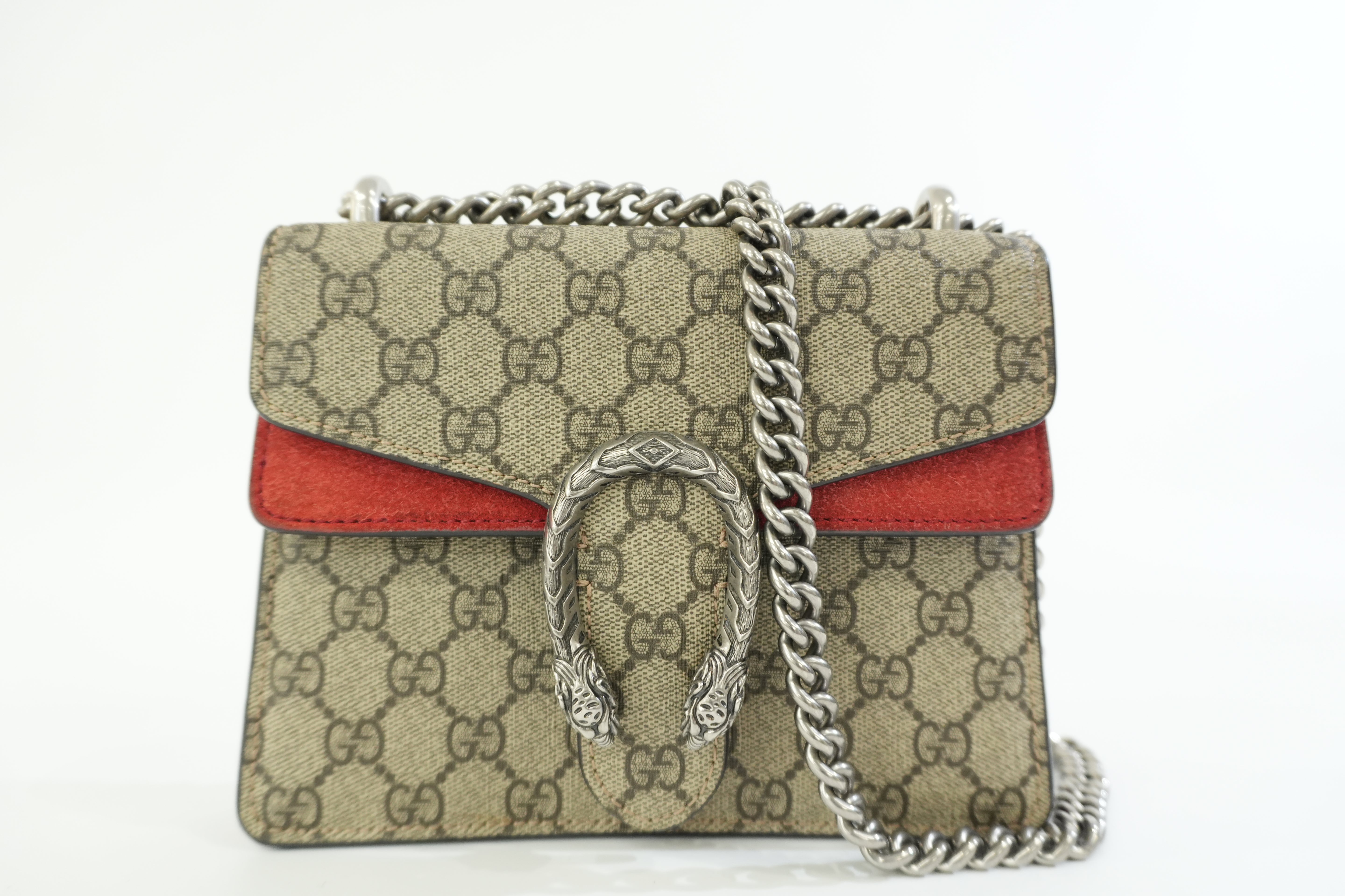 Gucci PVC Canvas Dionysus Double Flap Chain Shoulder Bag Brown and Red Used