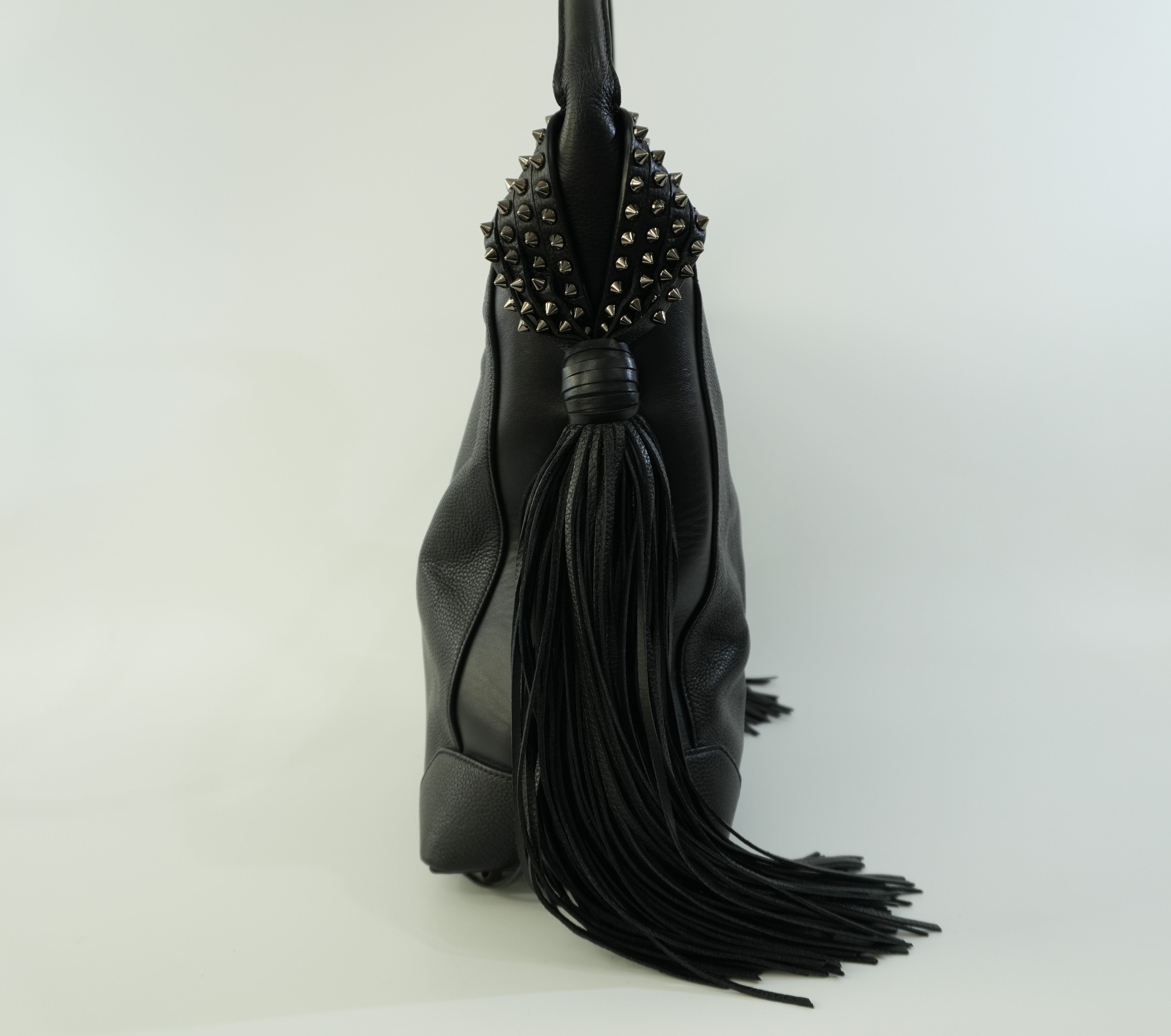 Christian Louboutin Leather Tassel Hobo Shoulder Bag Black Used
