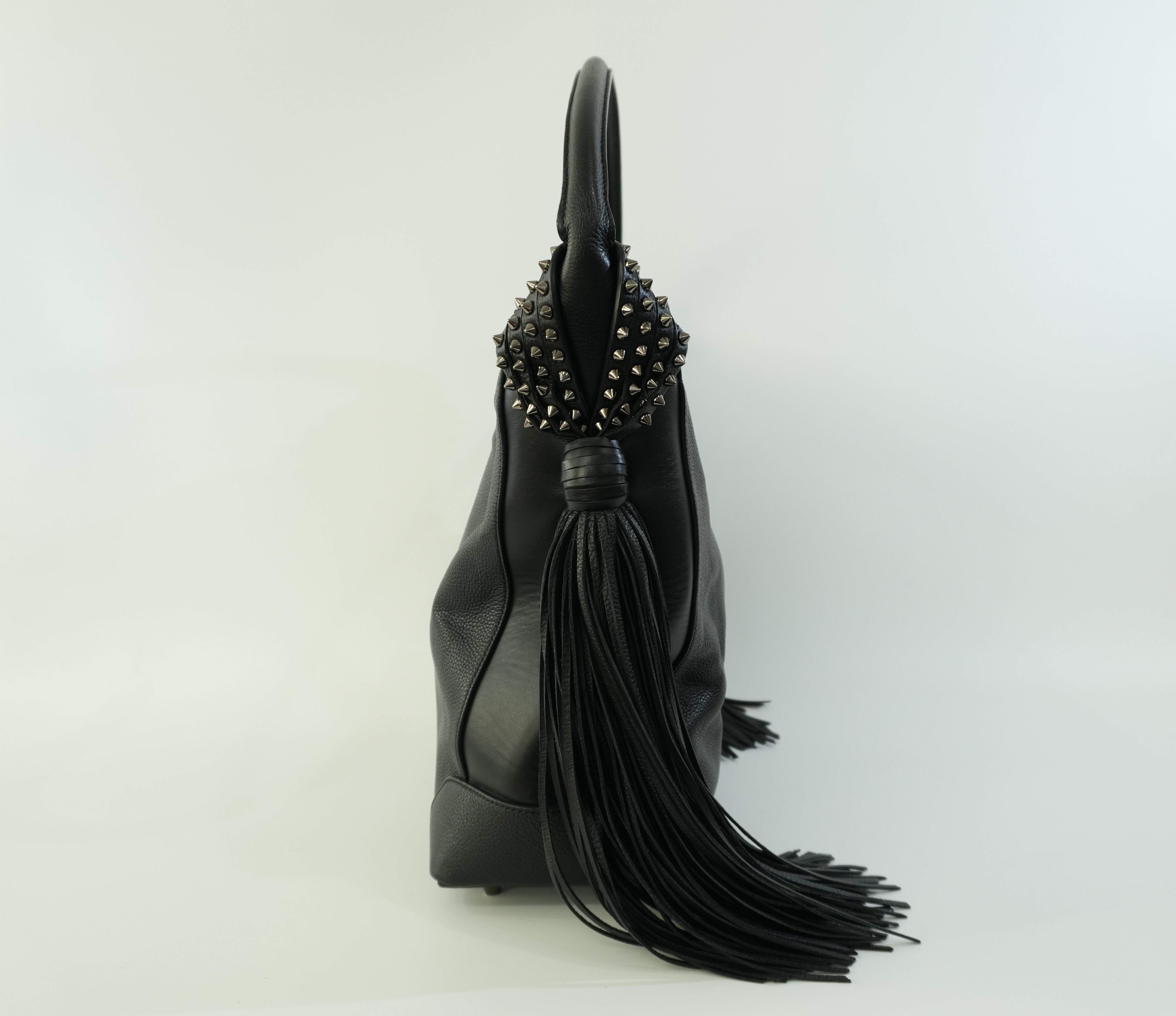 Christian Louboutin Leather Tassel Hobo Shoulder Bag Black Used