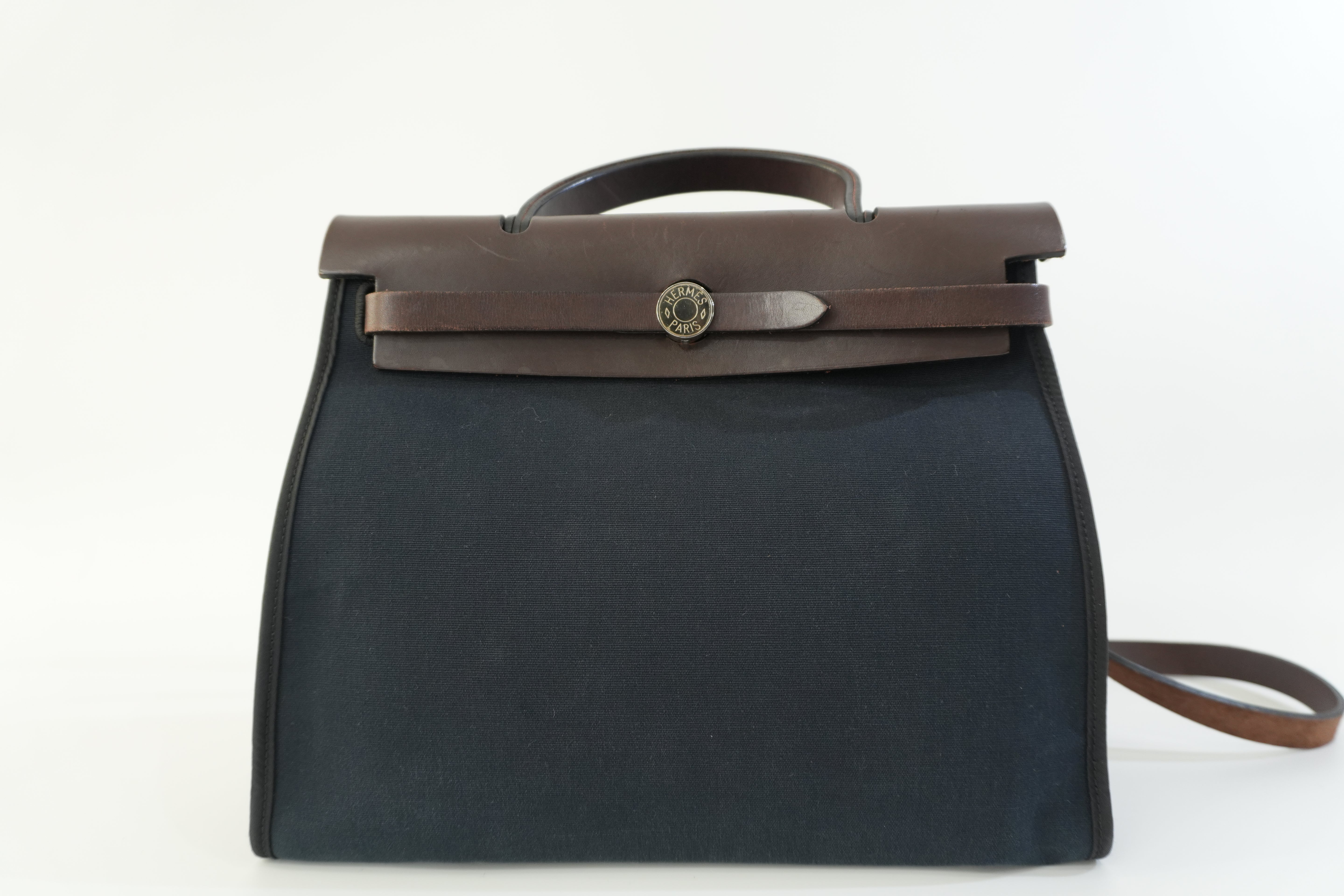 Hermes Canvas Herzip Tote Bag Black Used