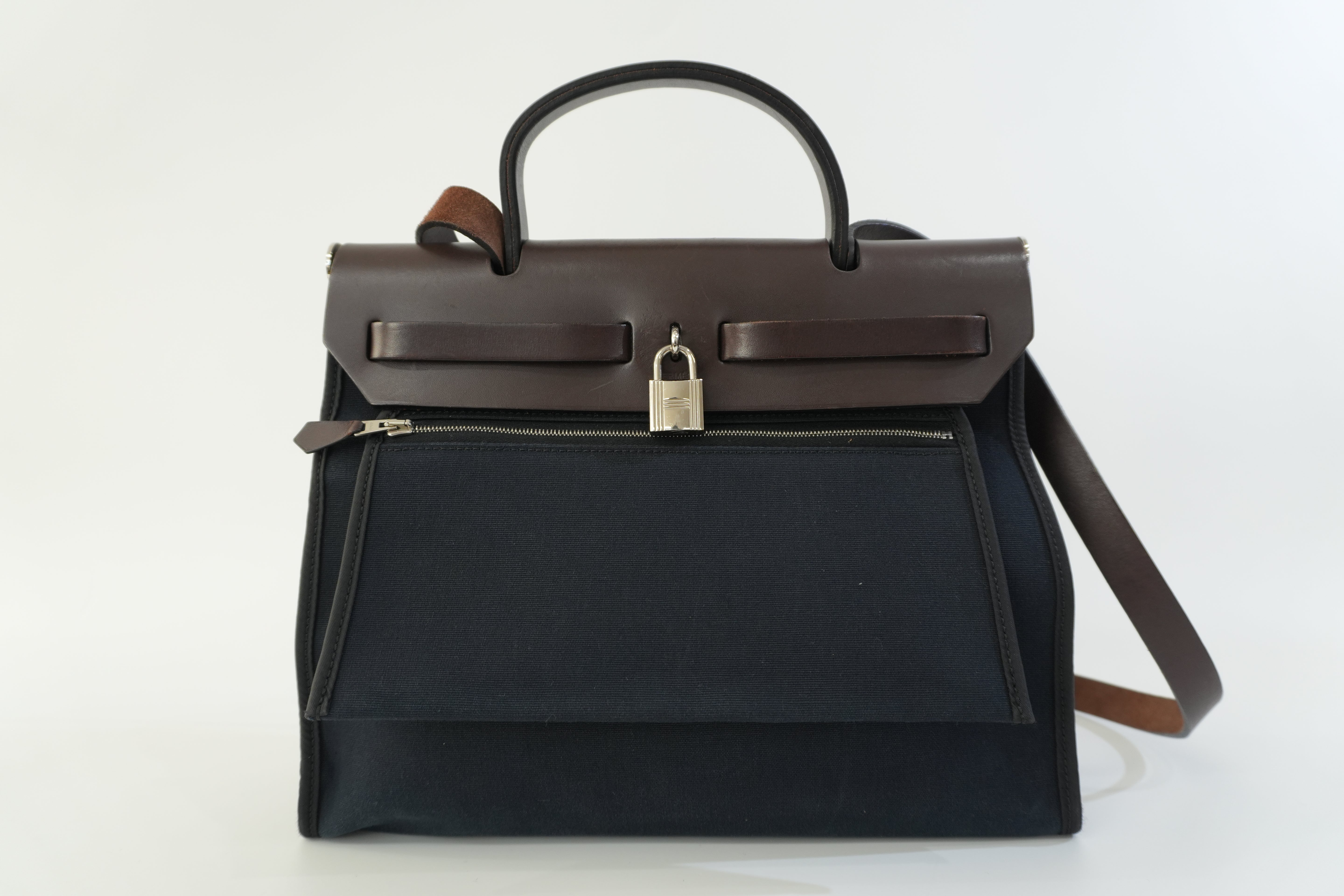 Hermes Canvas Herzip Tote Bag Black Used