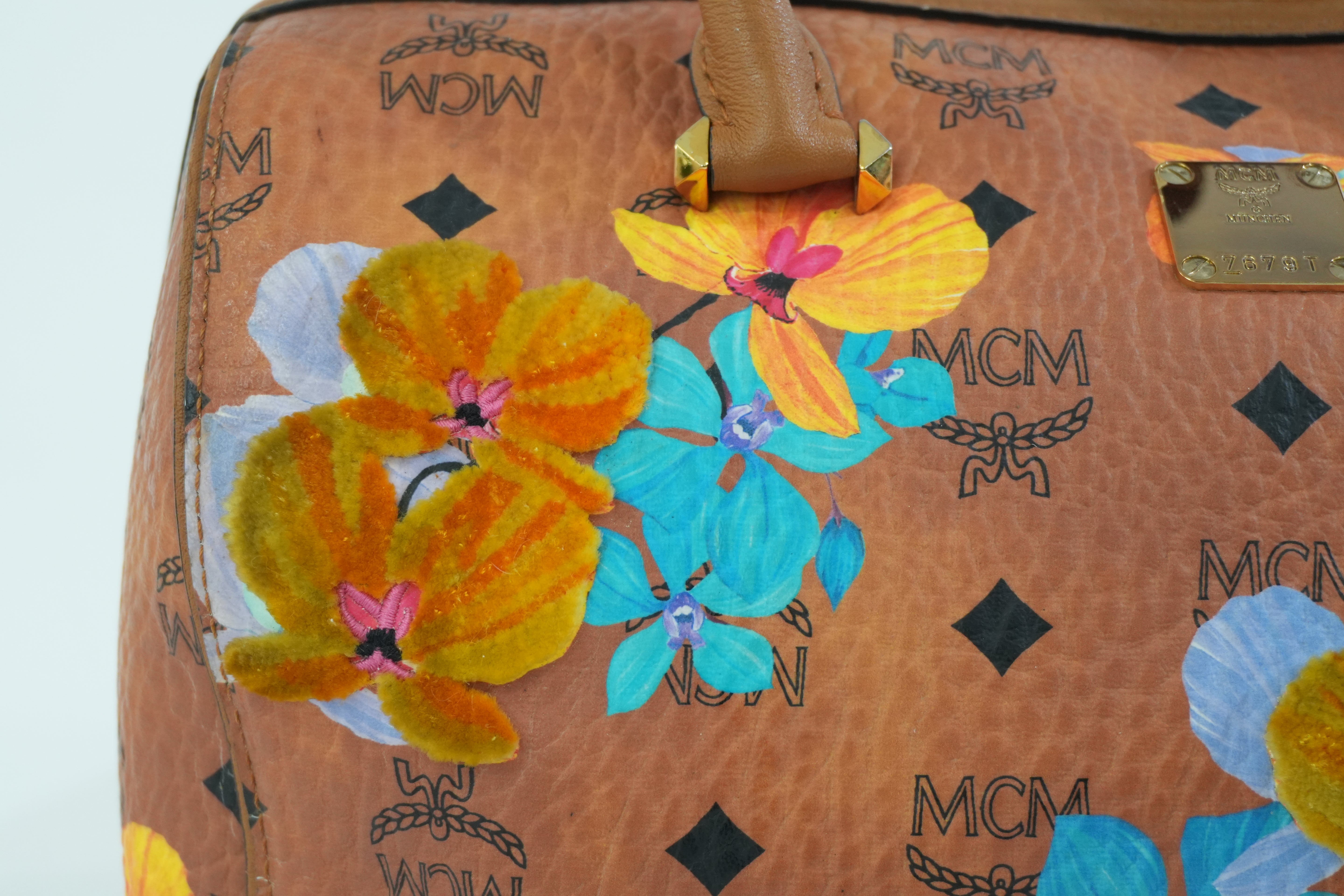 Pre-owned MCM Orchid Floral Two Way Visetos Mini Boston Cognac Used