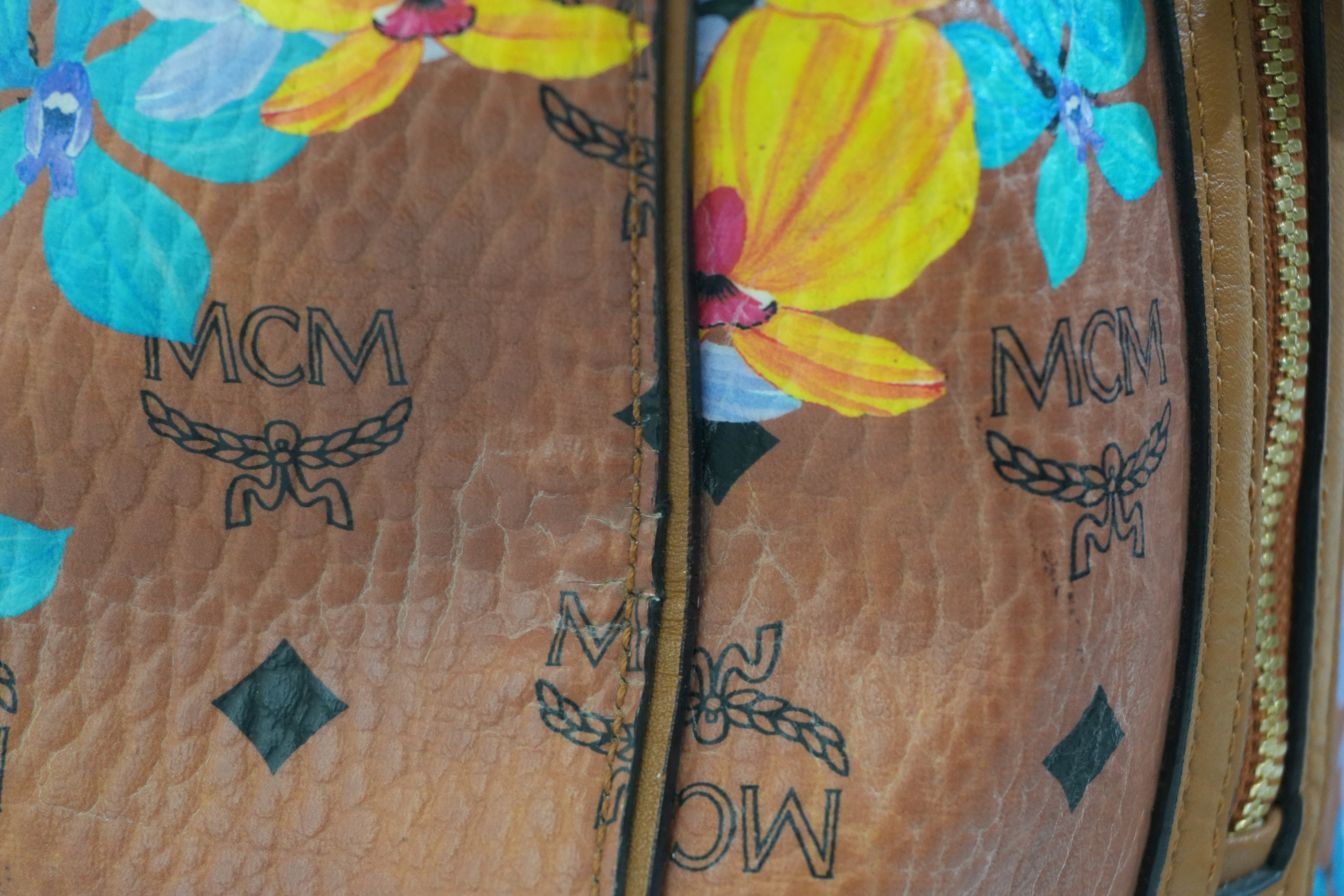 Pre-owned MCM Orchid Floral Two Way Visetos Mini Boston Cognac Used