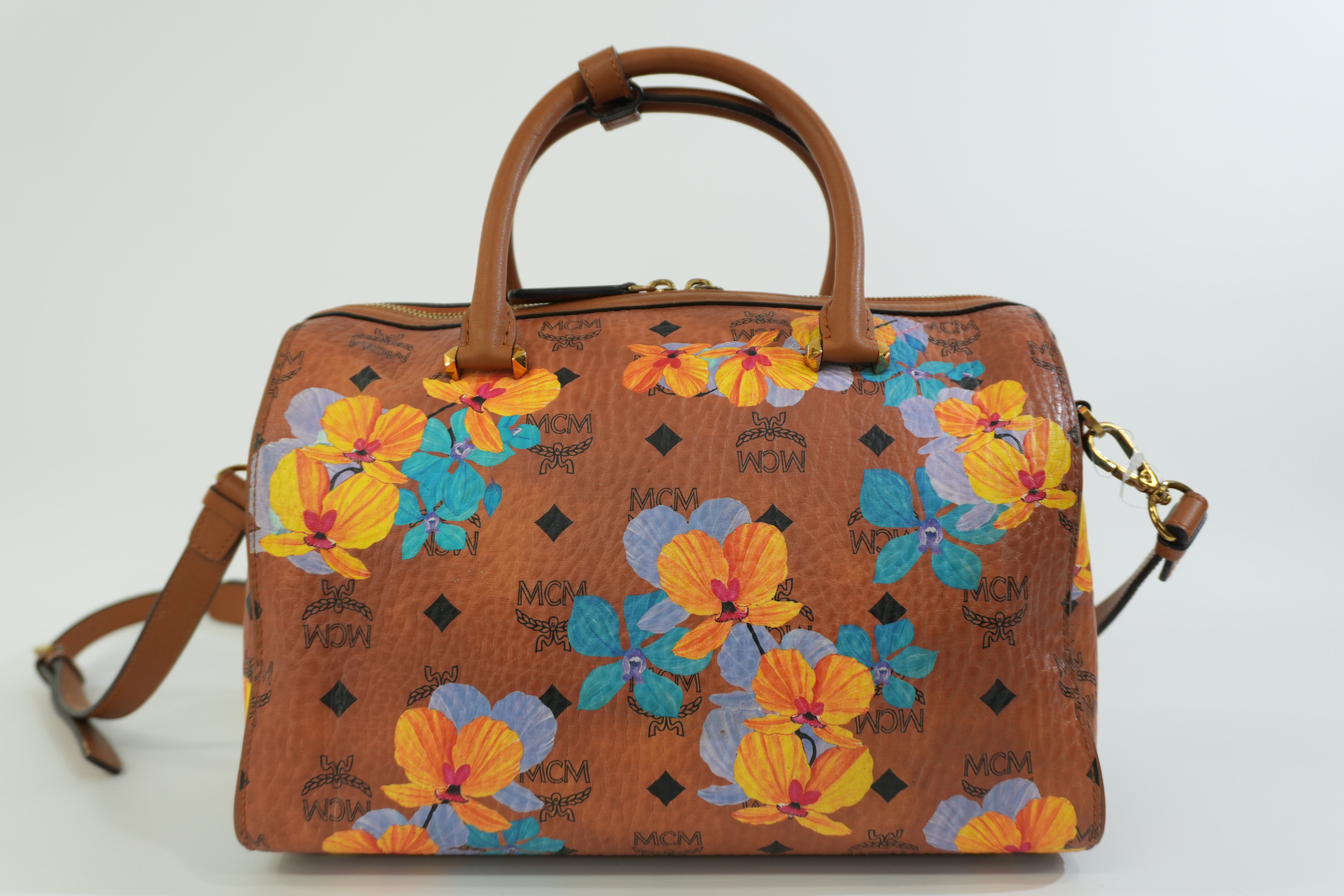 Pre-owned MCM Orchid Floral Two Way Visetos Mini Boston Cognac Used