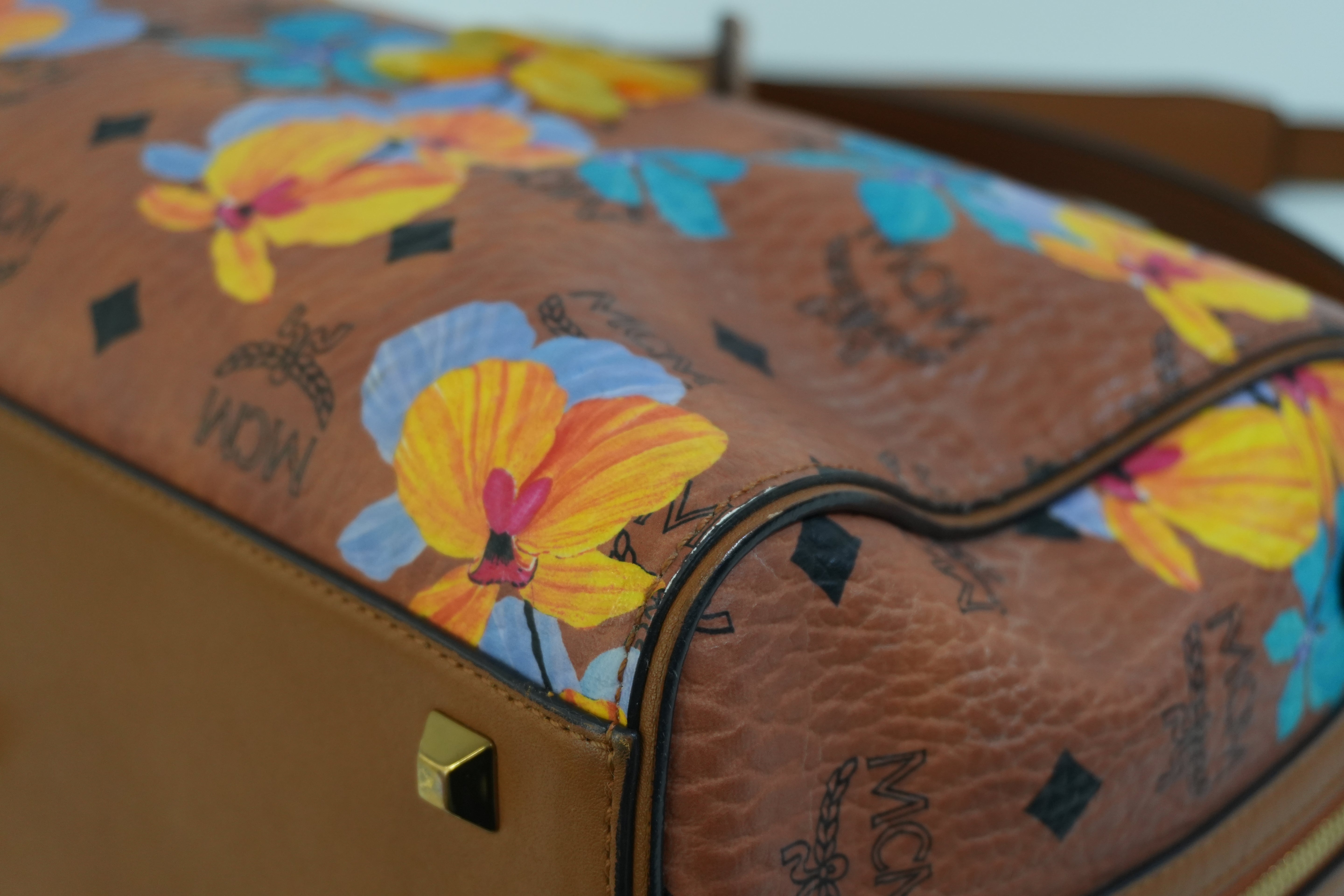 Pre-owned MCM Orchid Floral Two Way Visetos Mini Boston Cognac Used