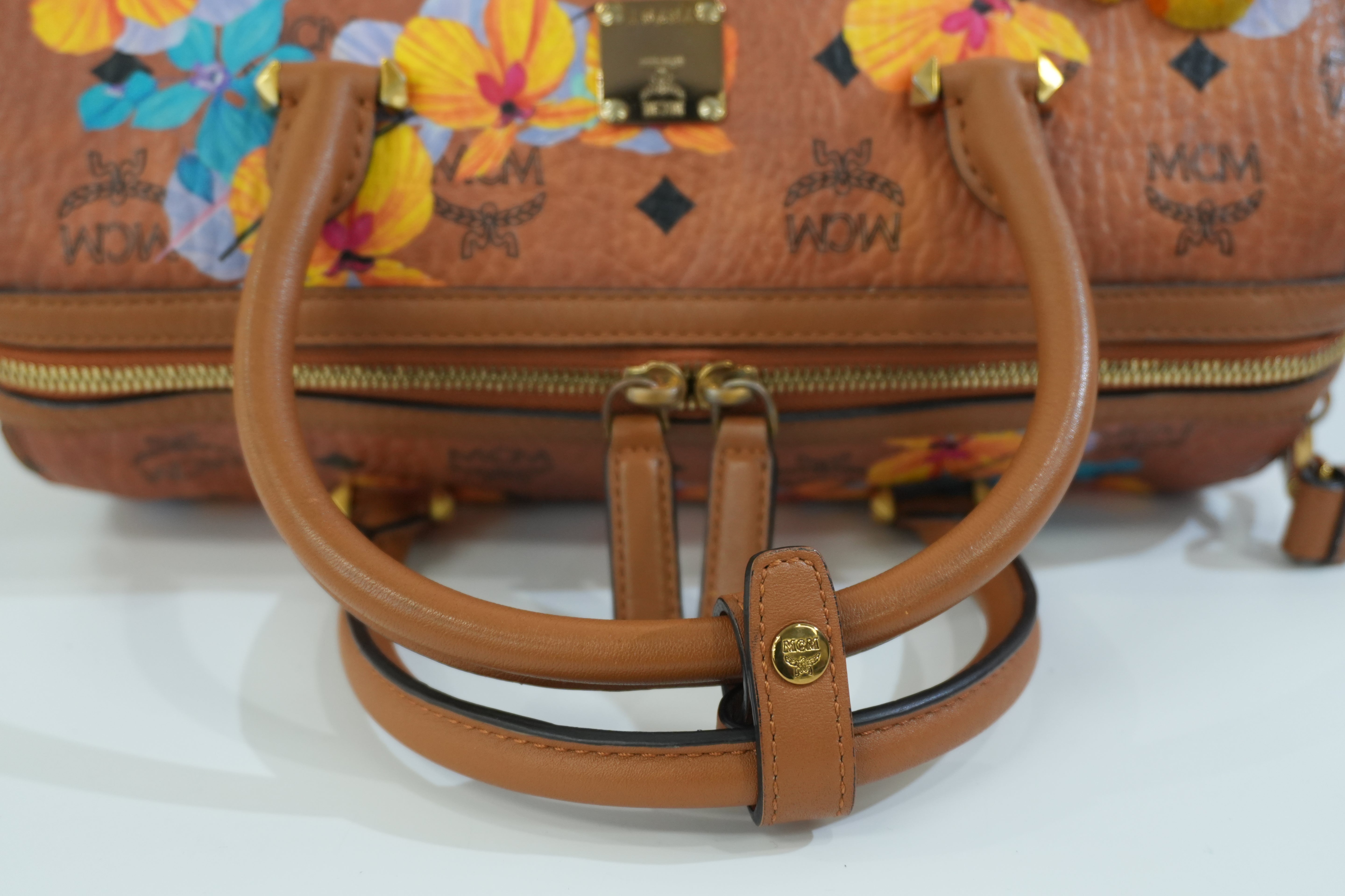 Pre-owned MCM Orchid Floral Two Way Visetos Mini Boston Cognac Used
