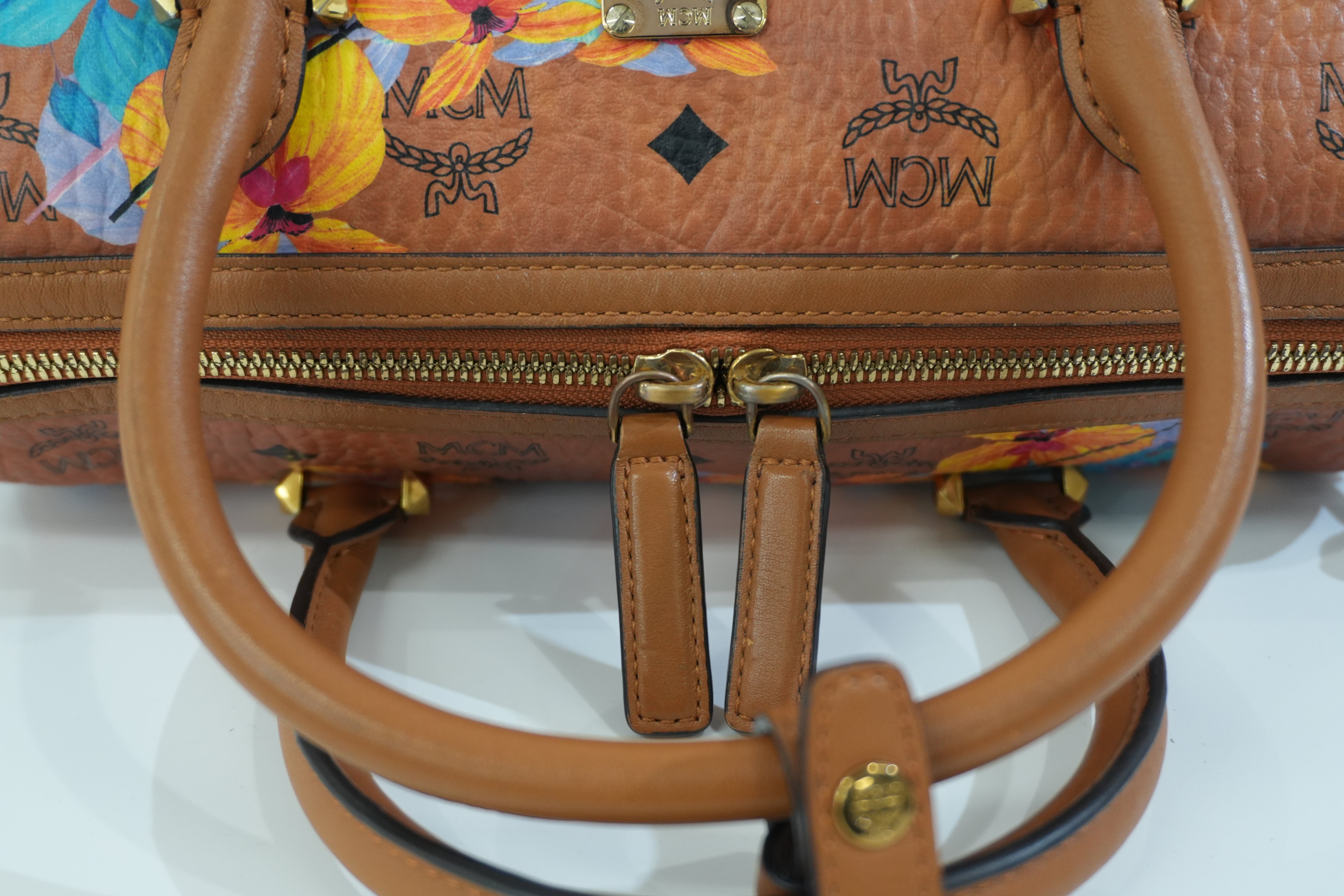 Pre-owned MCM Orchid Floral Two Way Visetos Mini Boston Cognac Used