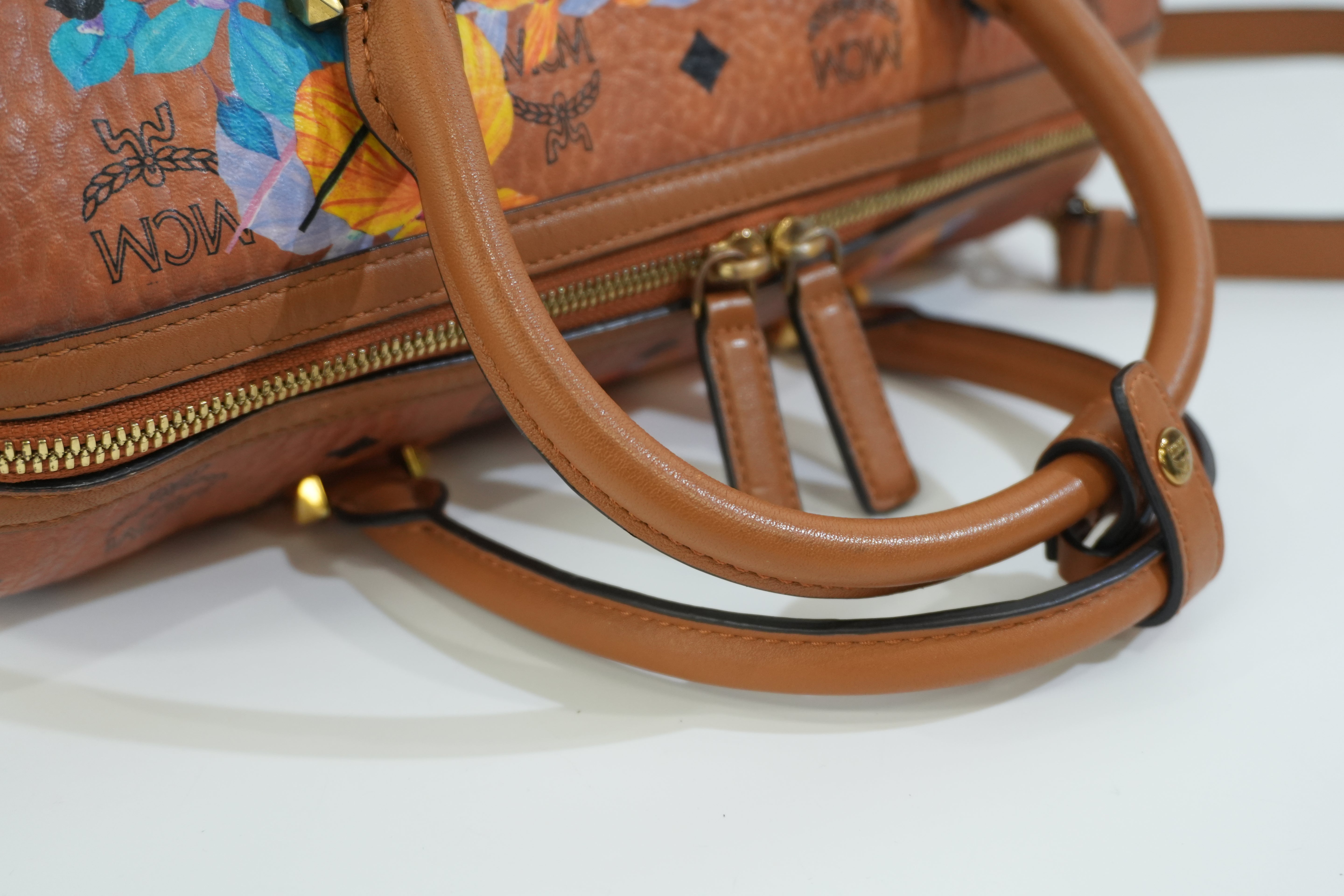 Pre-owned MCM Orchid Floral Two Way Visetos Mini Boston Cognac Used