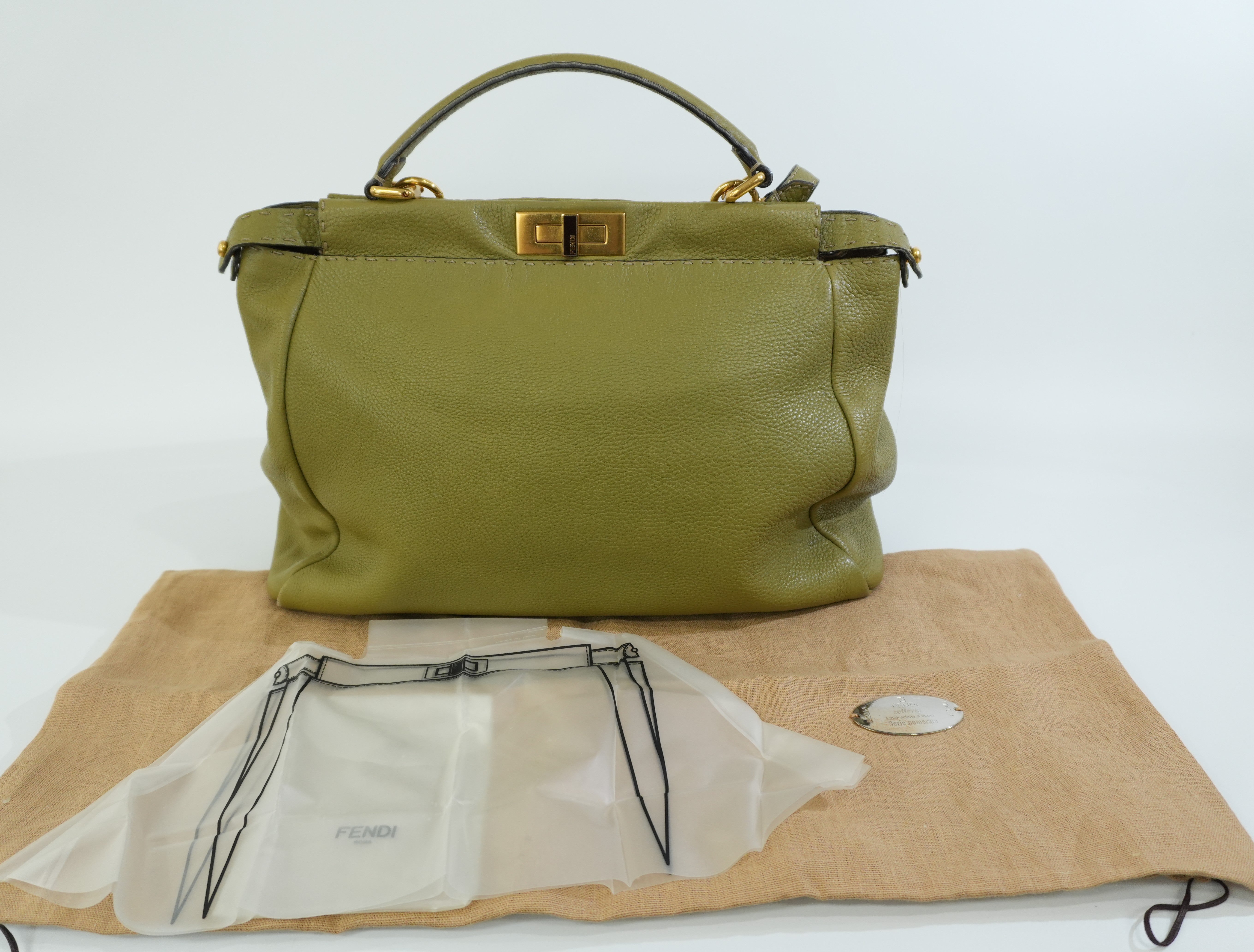 Pre-owned Fendi Calfskin Leather Peek a Boo Shoulder Bag Green Used