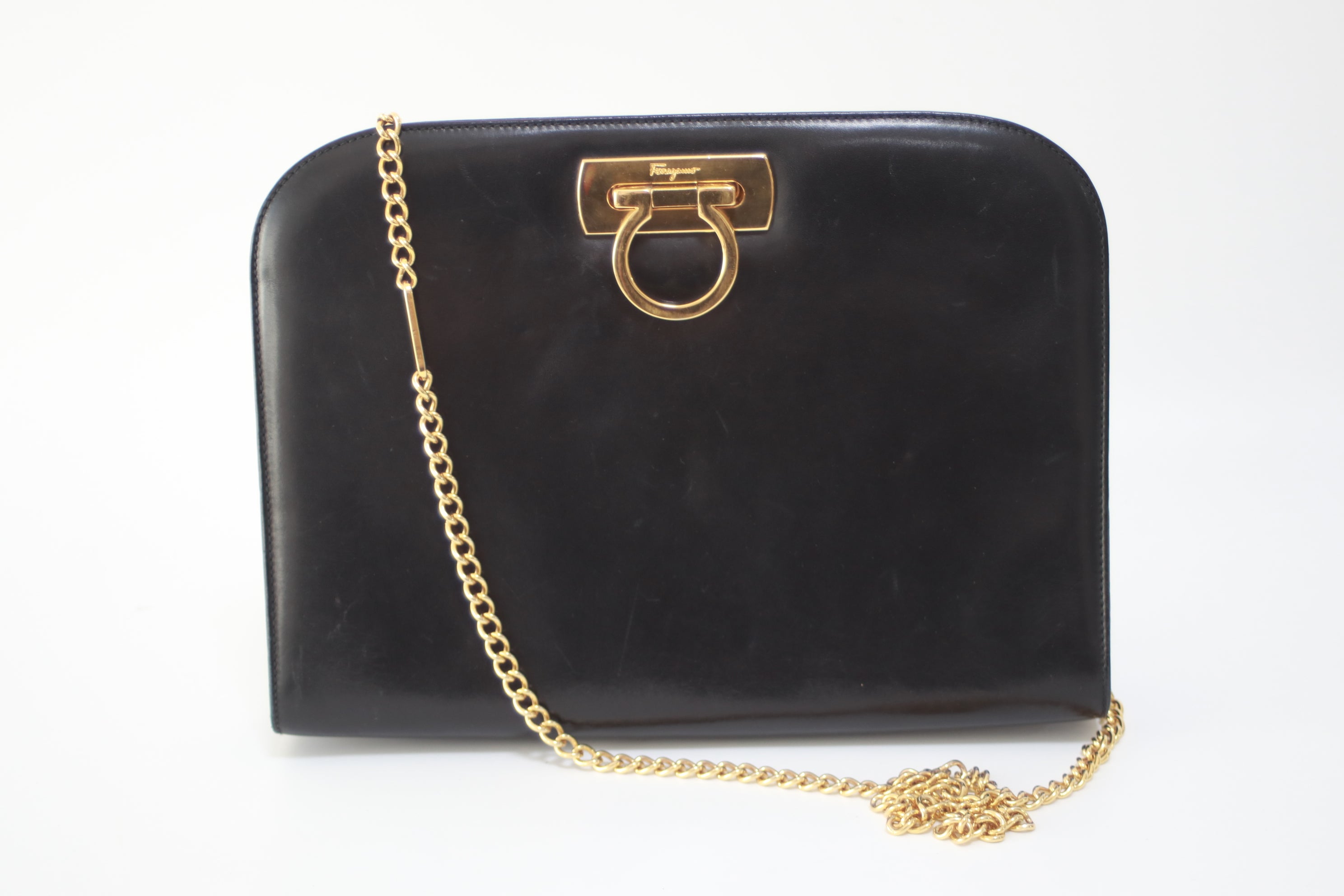 Ferragamo Chain Shoulder Bag Black Used