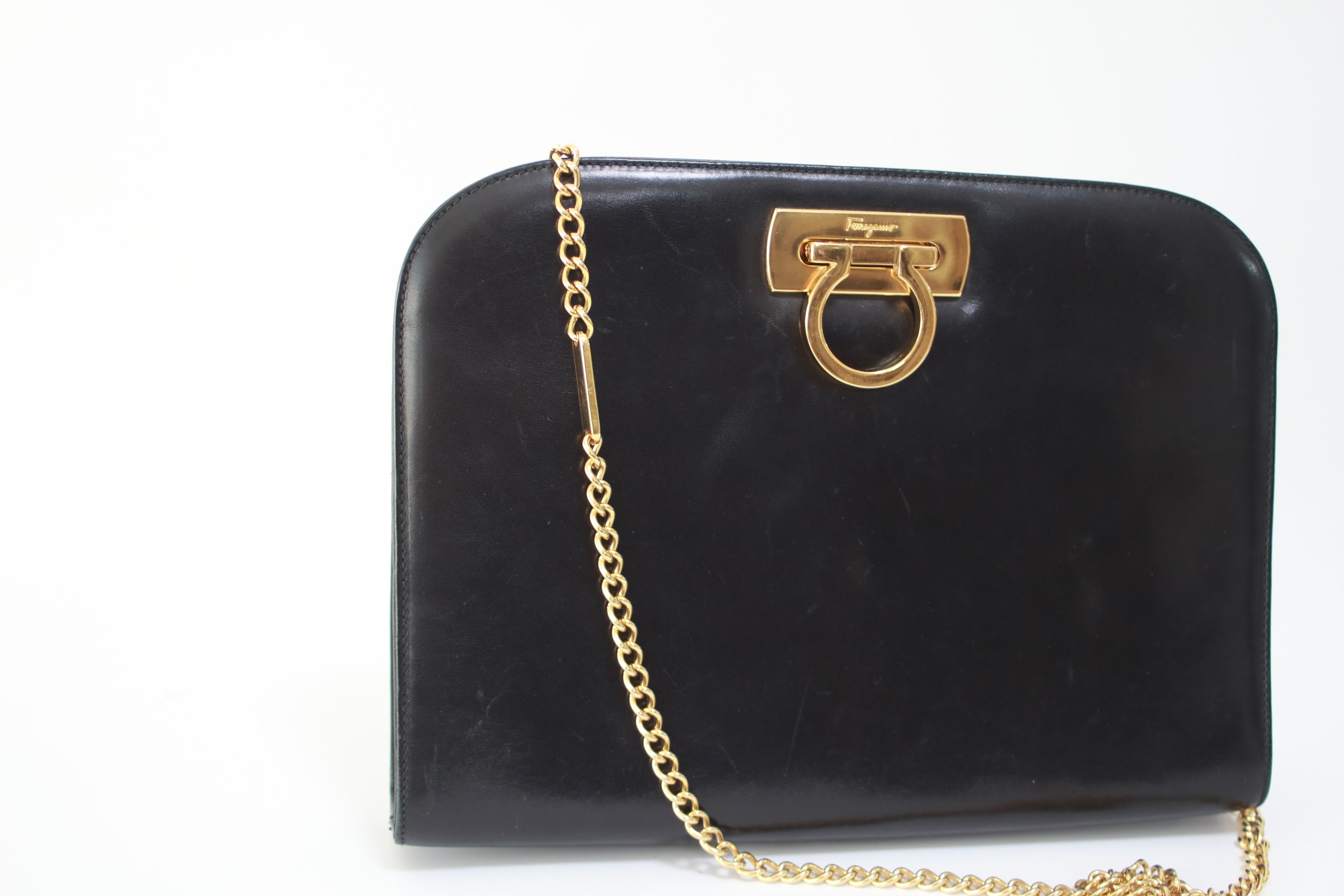 Ferragamo Chain Shoulder Bag Black Used