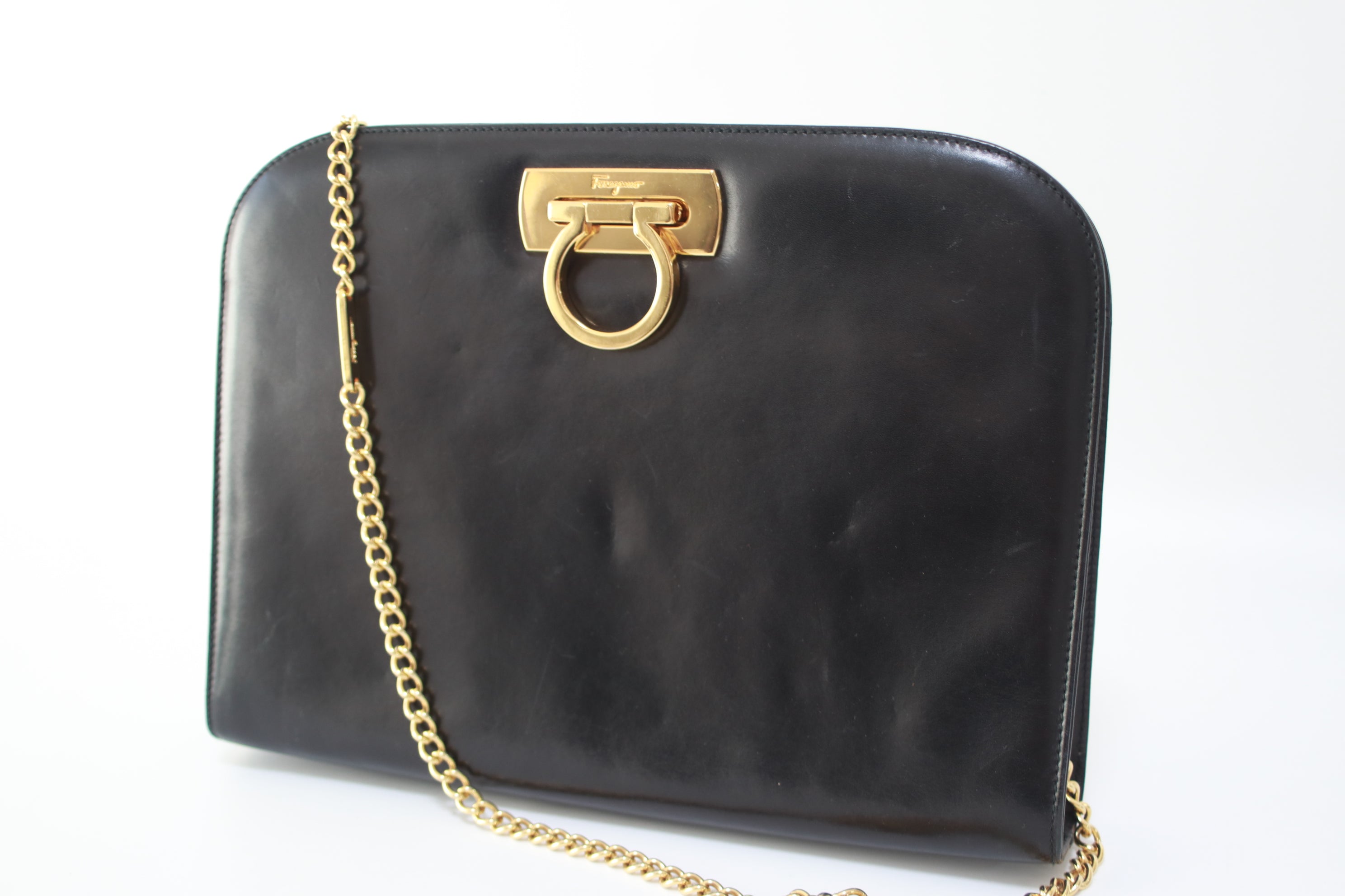 Ferragamo Chain Shoulder Bag Black Used