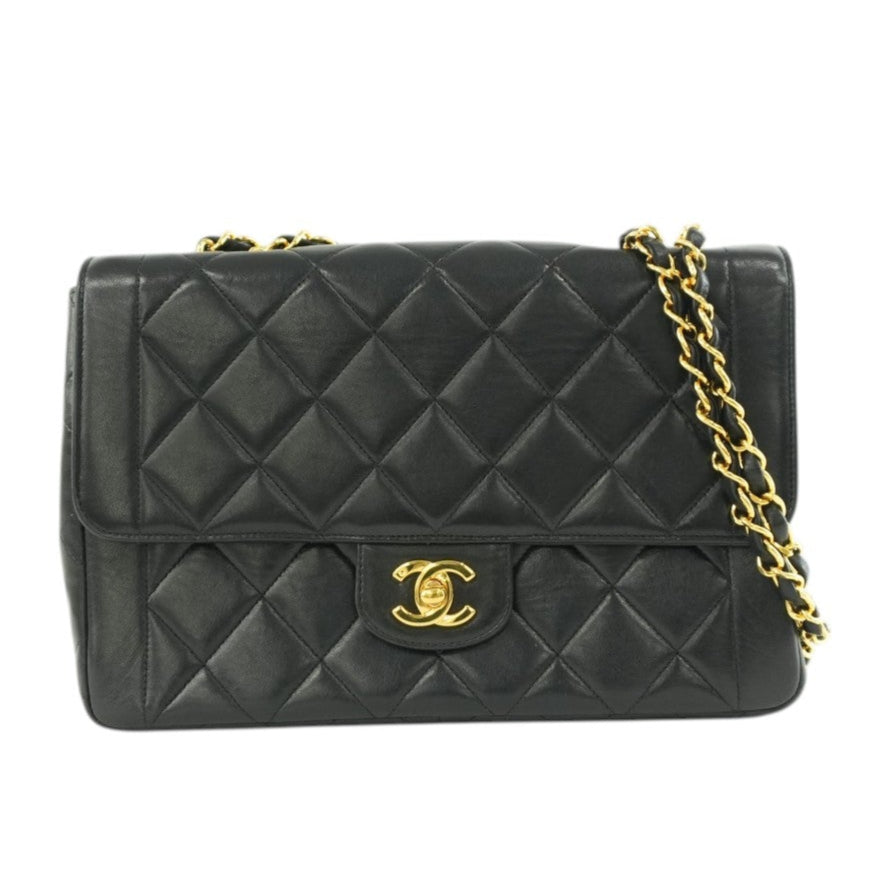 Chanel Lambskin Leather Single Flap Chain Shoulder Bag Black Used
