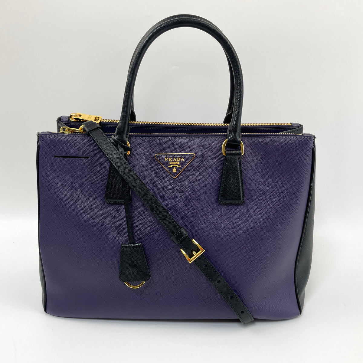 Prada Saffiano Two Way and Two Tone Purple/Black Handbag Used (6631)