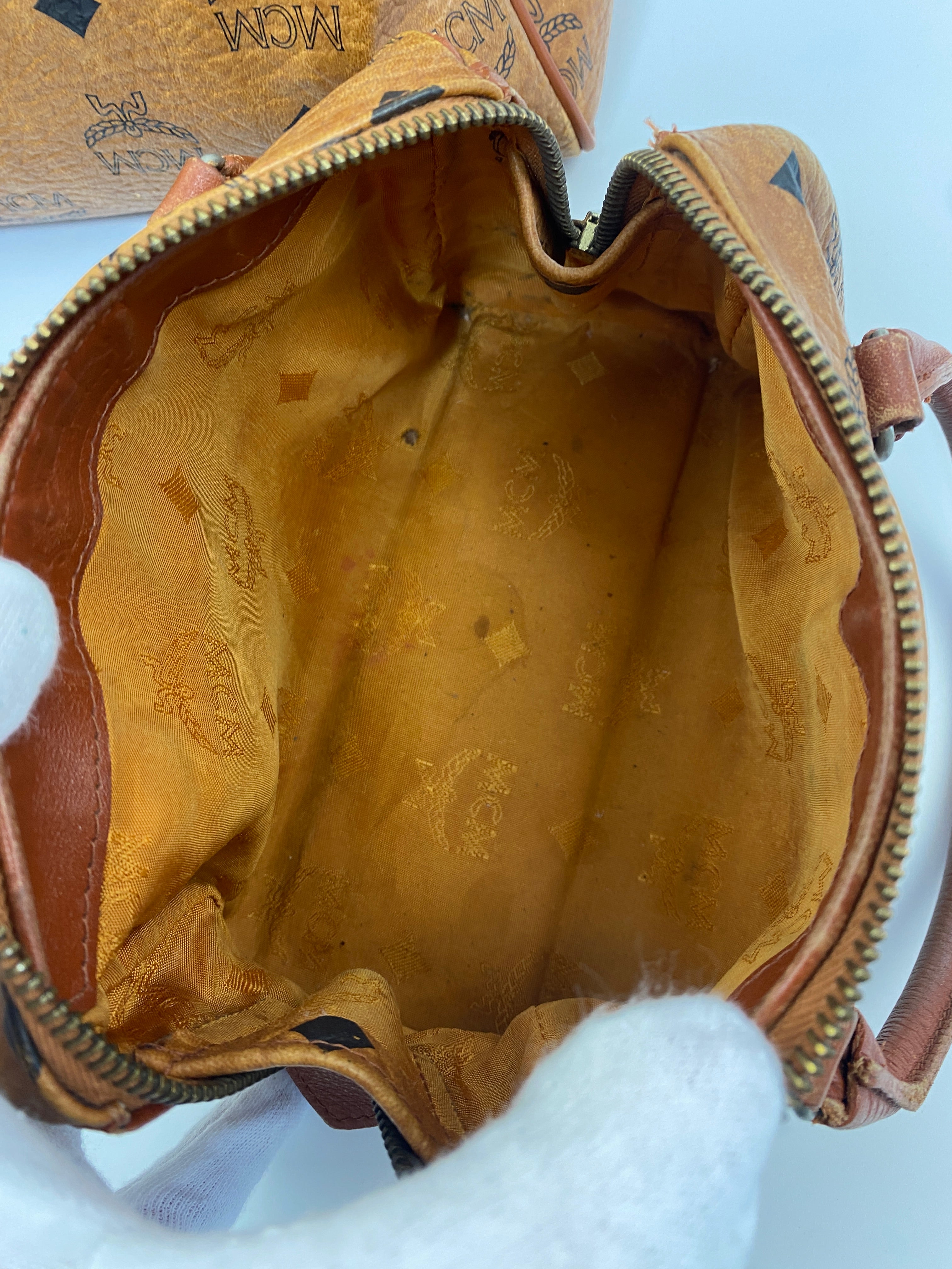 MCM White/Yellow Visetos Leather Small Heritage Boston Bag at