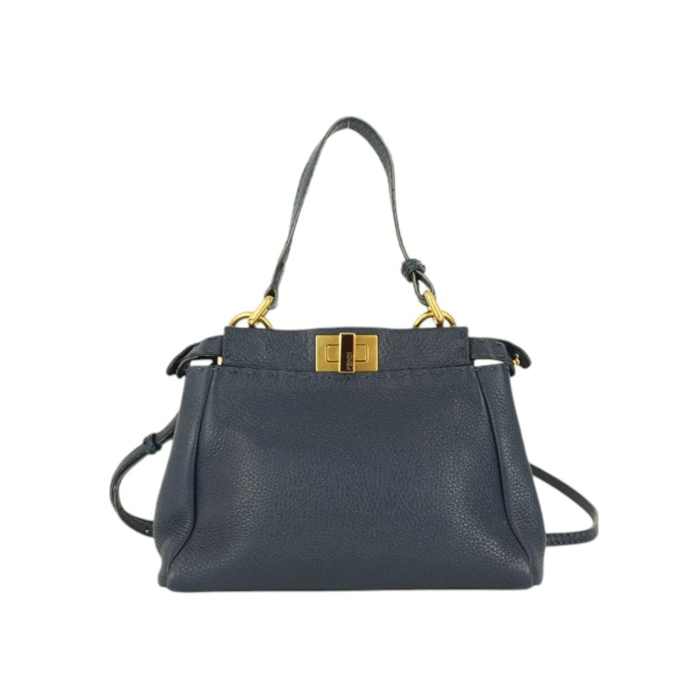 Fendi Peekaboo Mini Shoulder Bag Navy Blue Leather Used