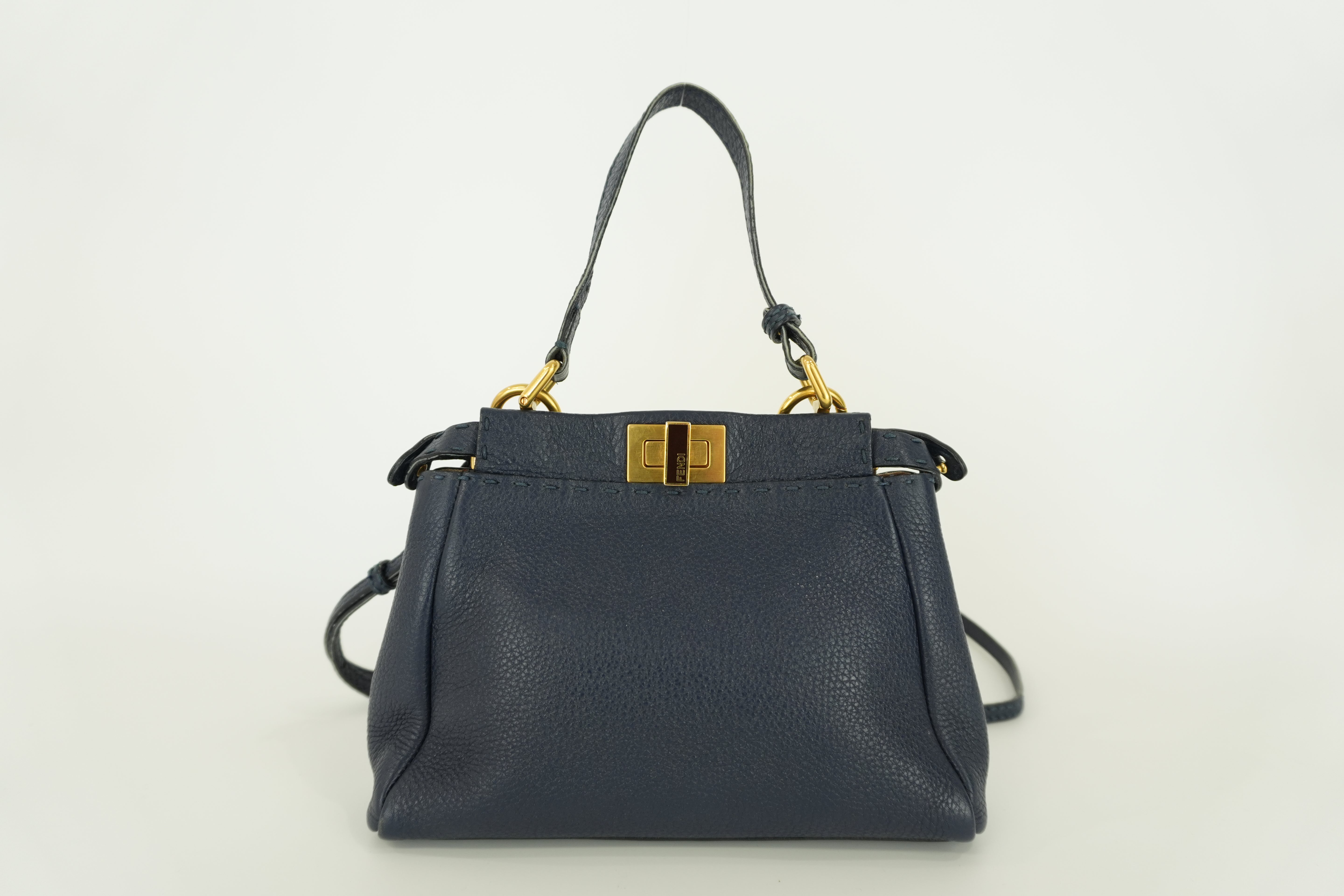 Fendi Peekaboo Mini Shoulder Bag Navy Blue Leather Used