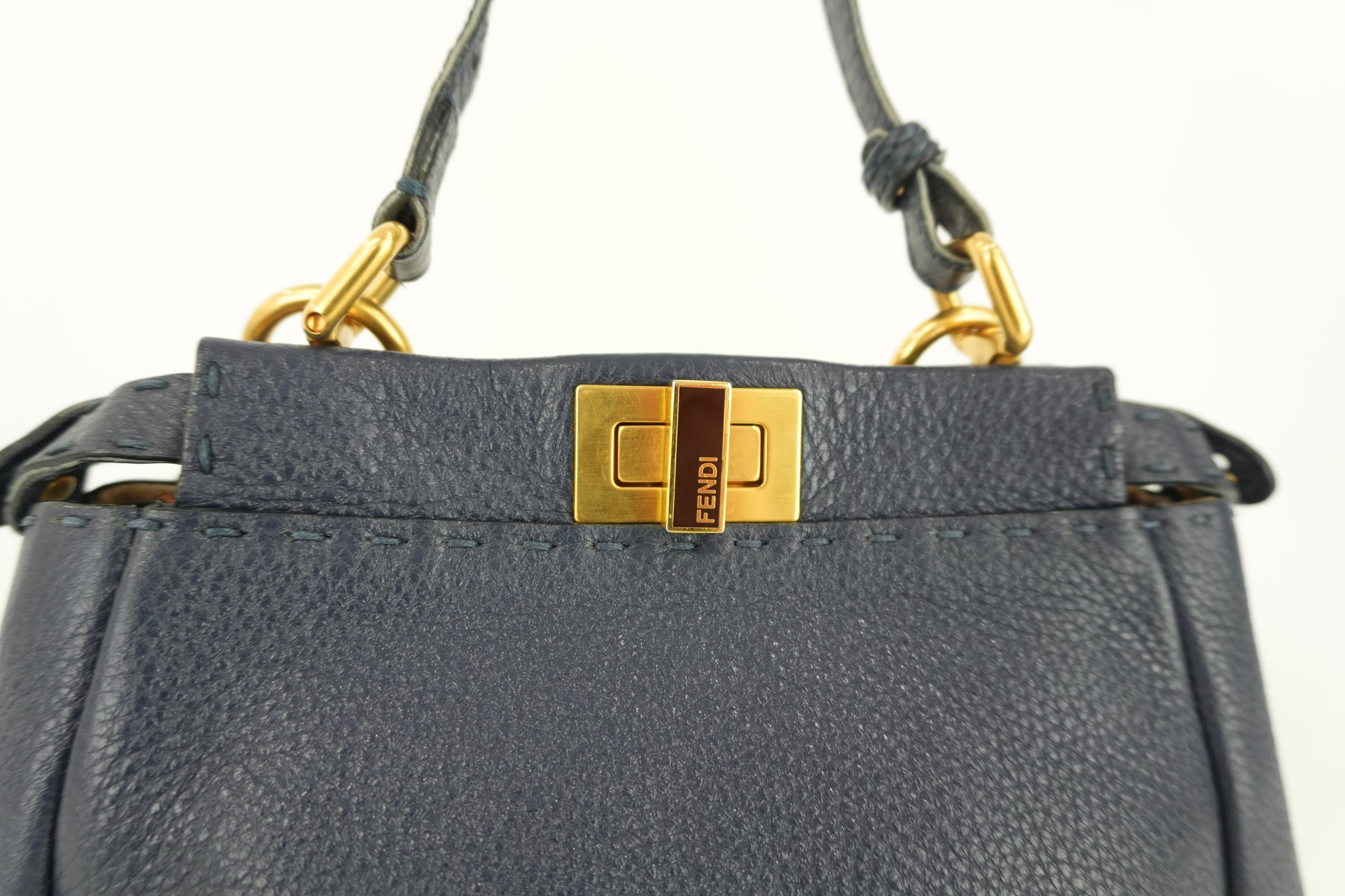 Fendi Peekaboo Mini Shoulder Bag Navy Blue Leather Used