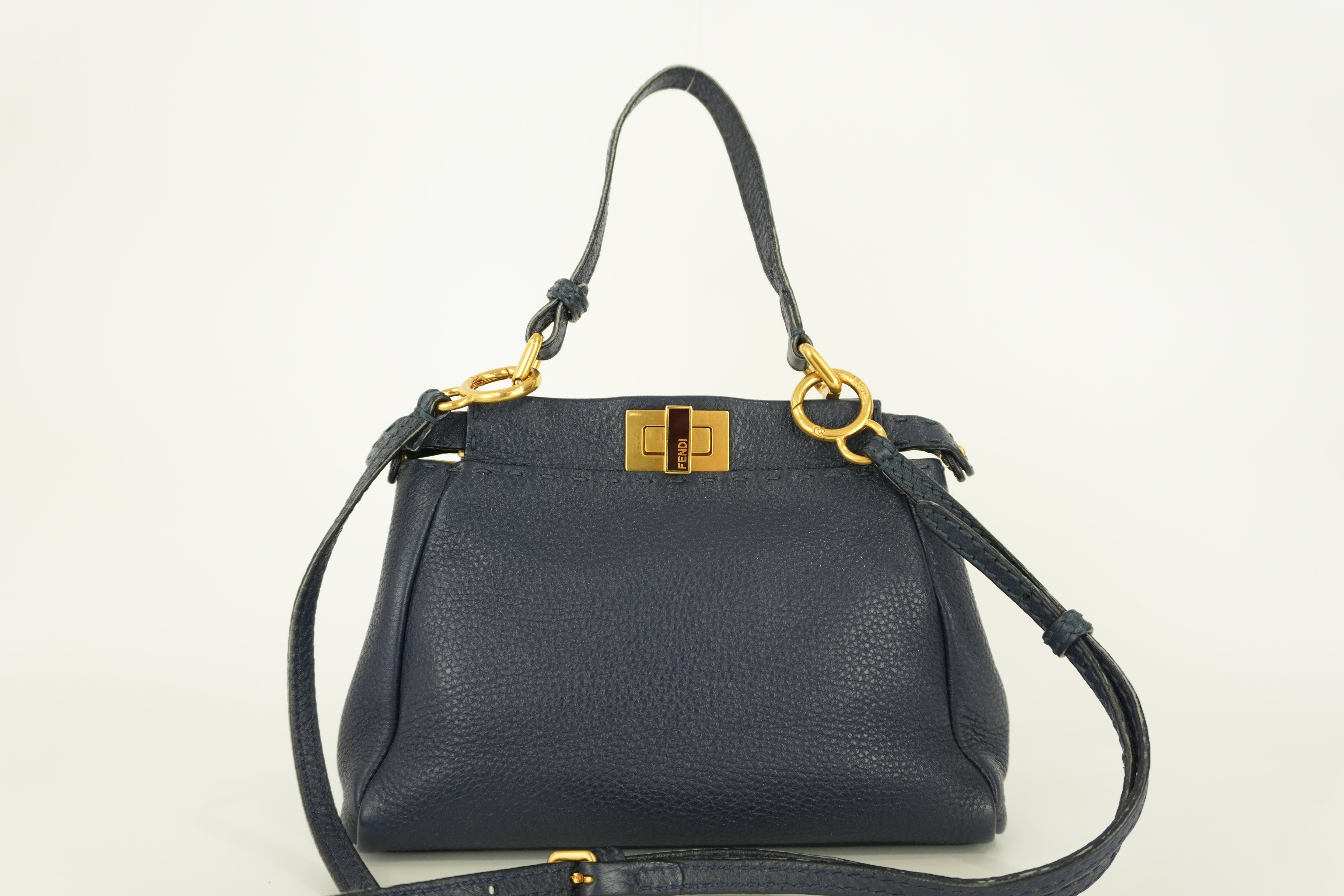 Fendi Peekaboo Mini Shoulder Bag Navy Blue Leather Used