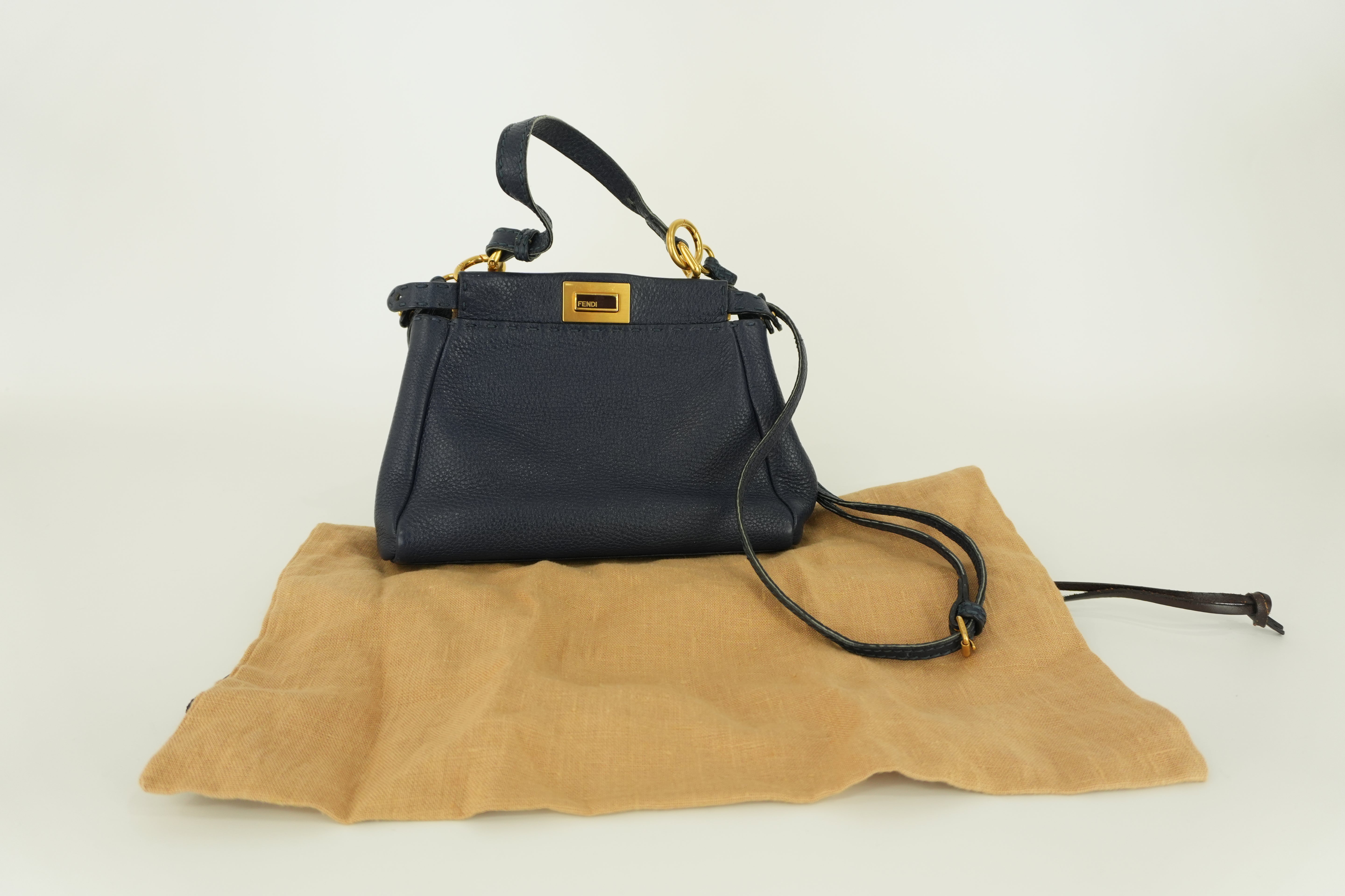 Fendi Peekaboo Mini Shoulder Bag Navy Blue Leather Used