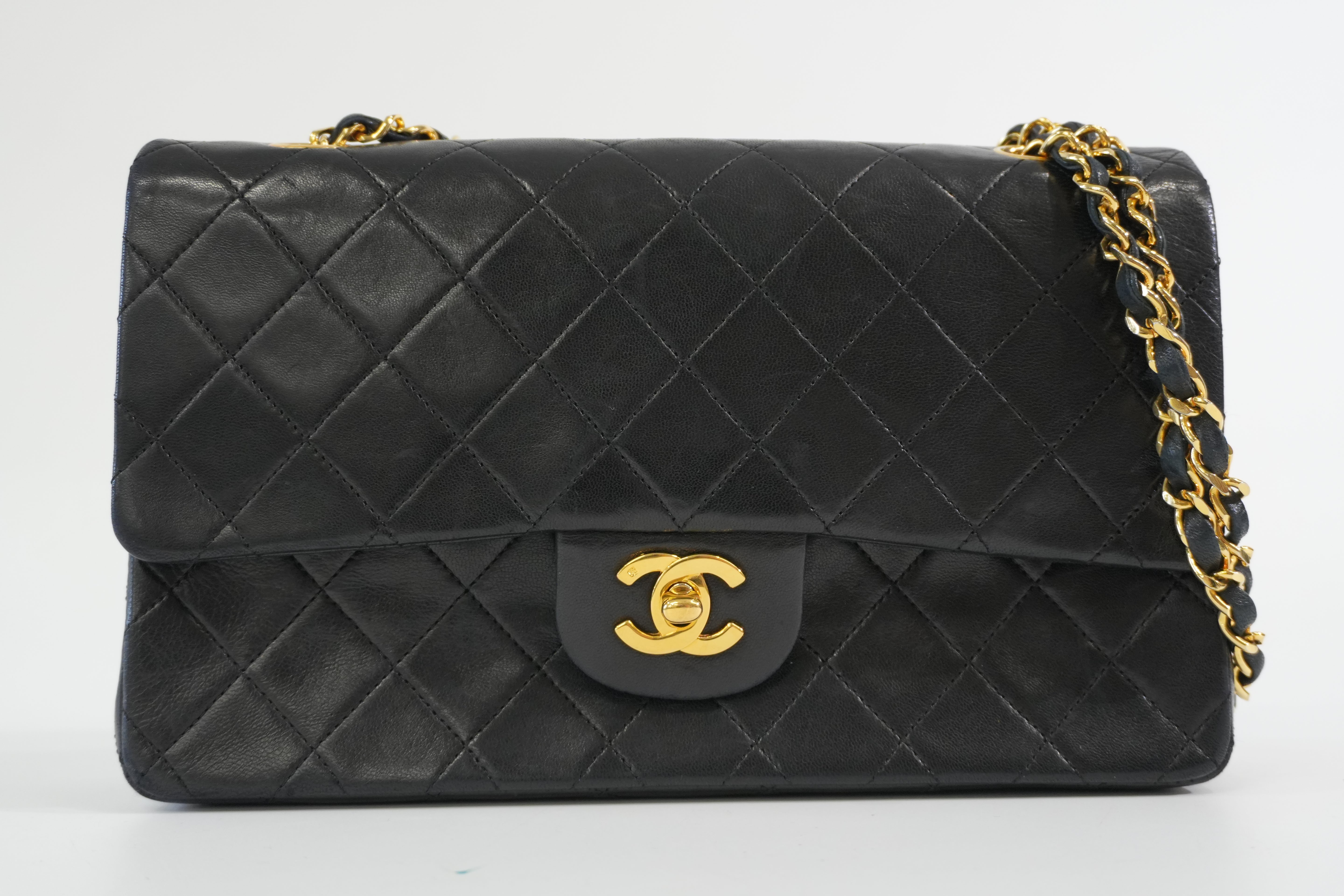 Pre-owned Chanel Lambskin Leather Double Flap Chain Shoulder Bag Black