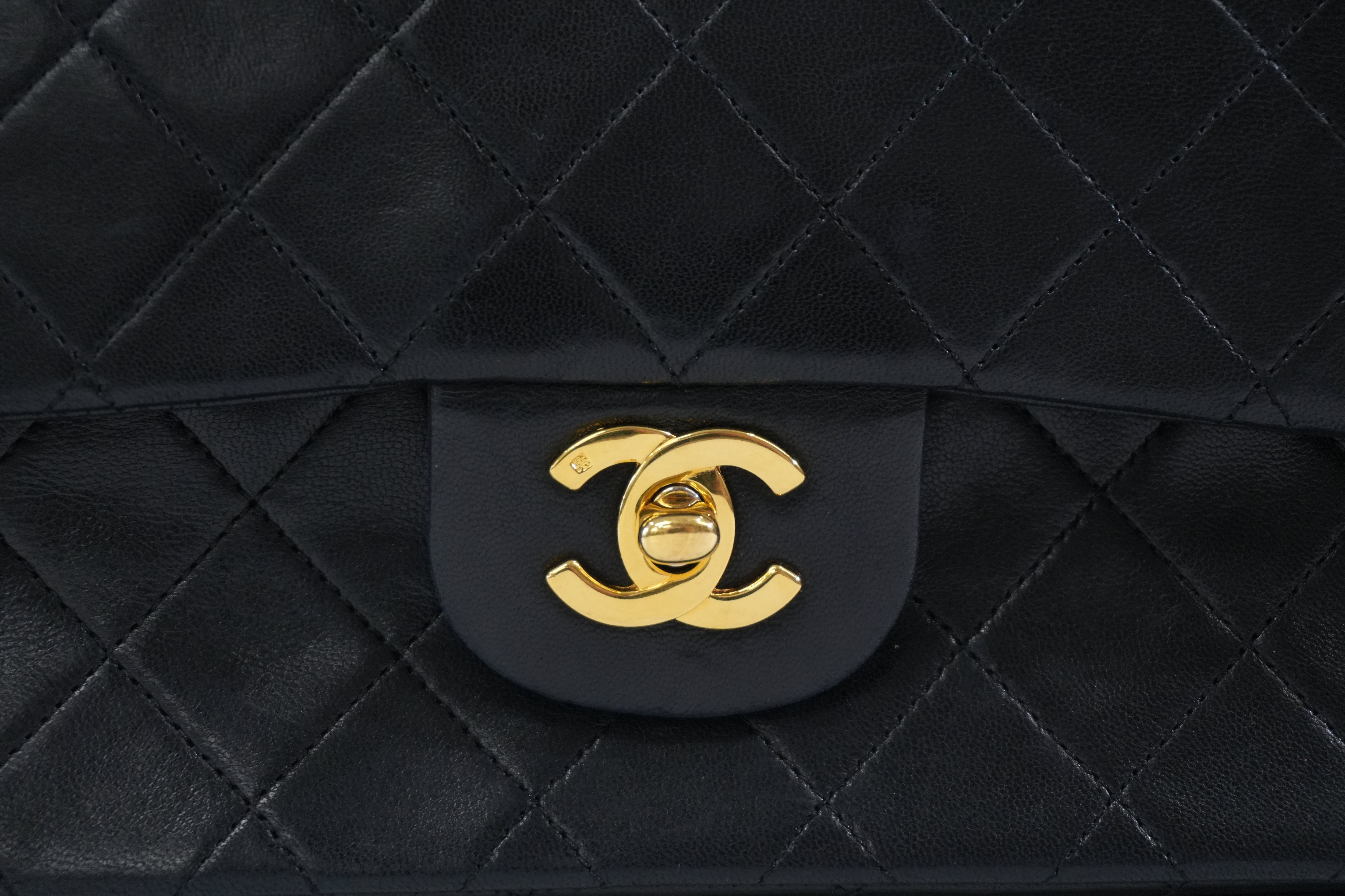Pre-owned Chanel Lambskin Leather Double Flap Chain Shoulder Bag Black