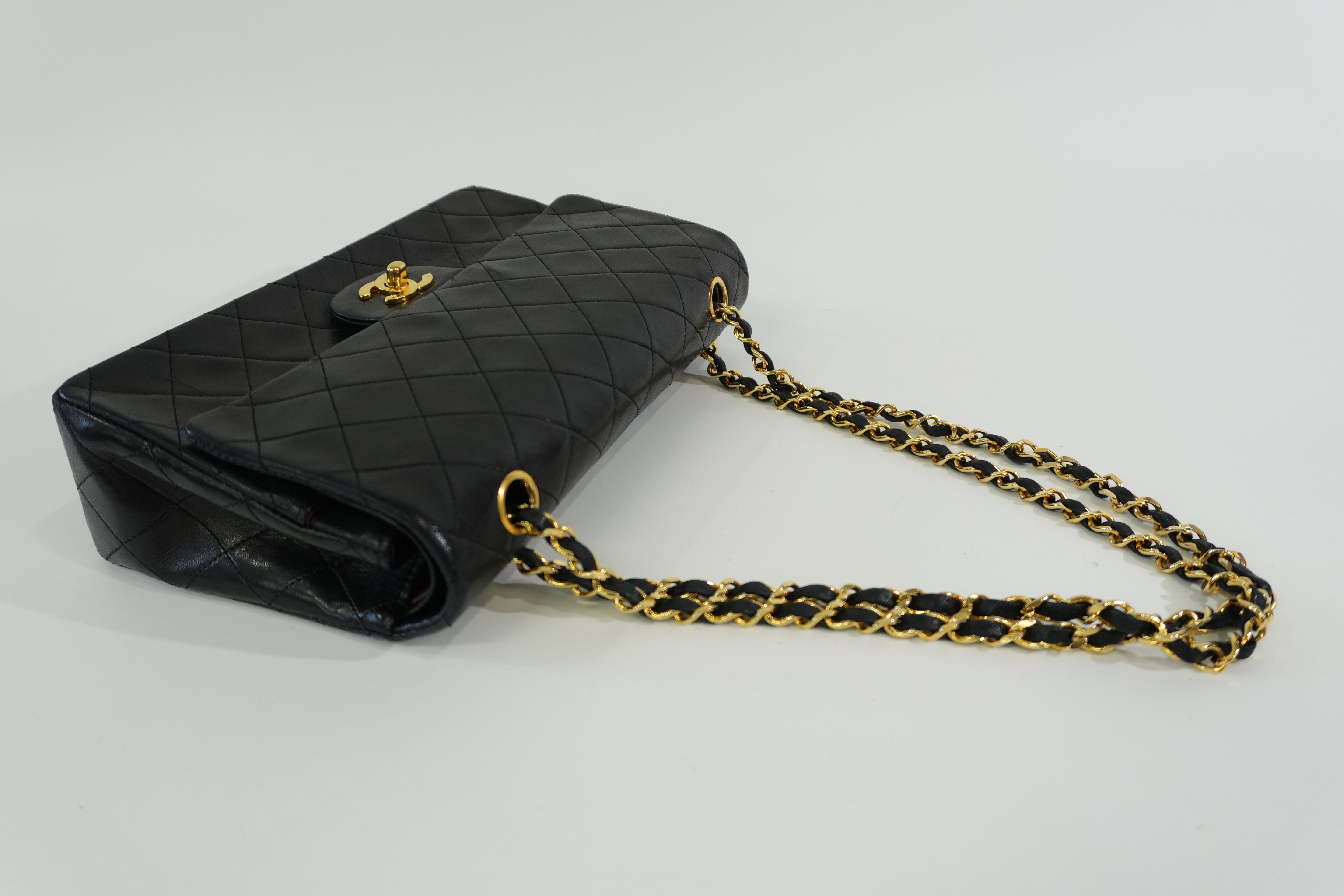 Pre-owned Chanel Lambskin Leather Double Flap Chain Shoulder Bag Black