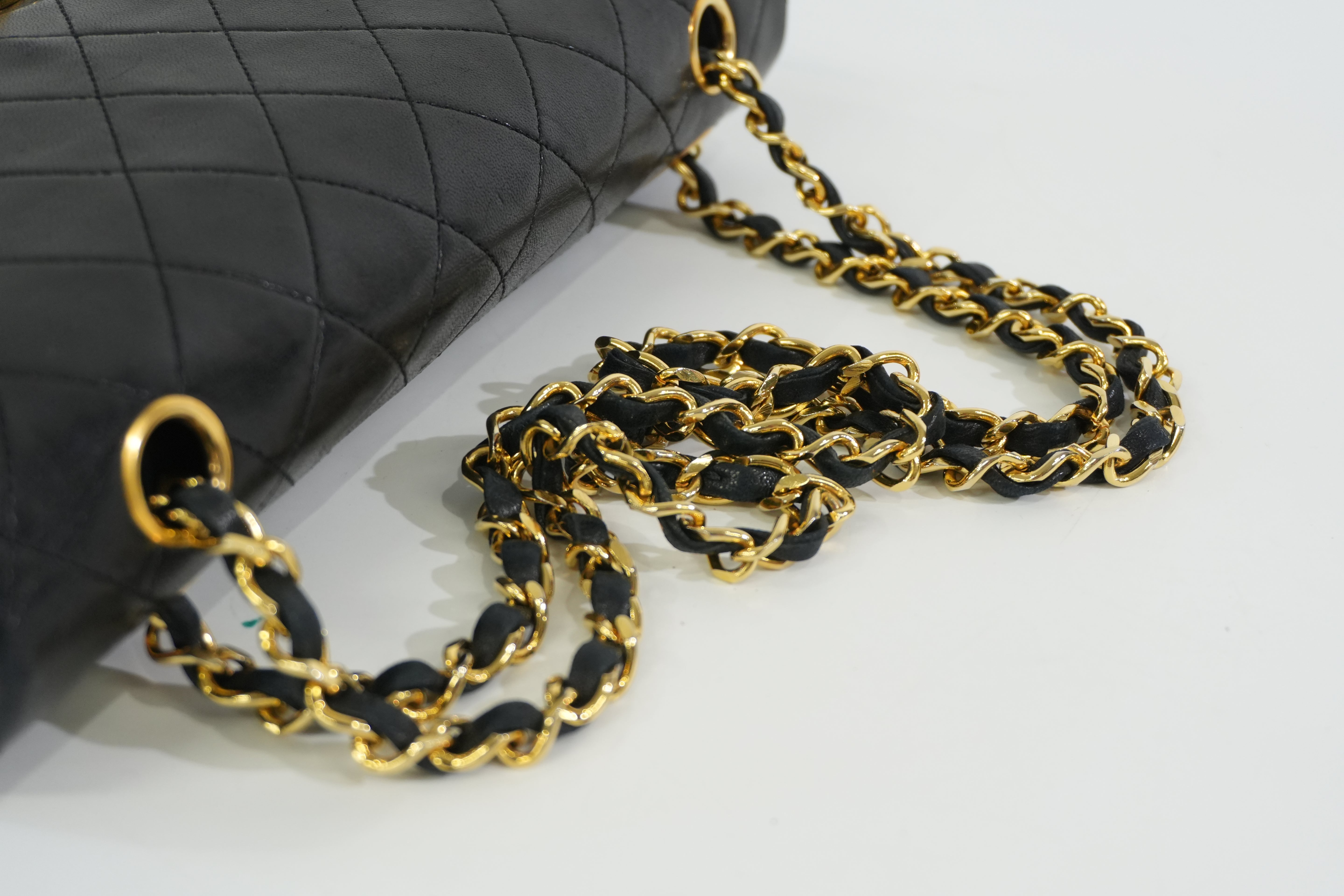 Pre-owned Chanel Lambskin Leather Double Flap Chain Shoulder Bag Black