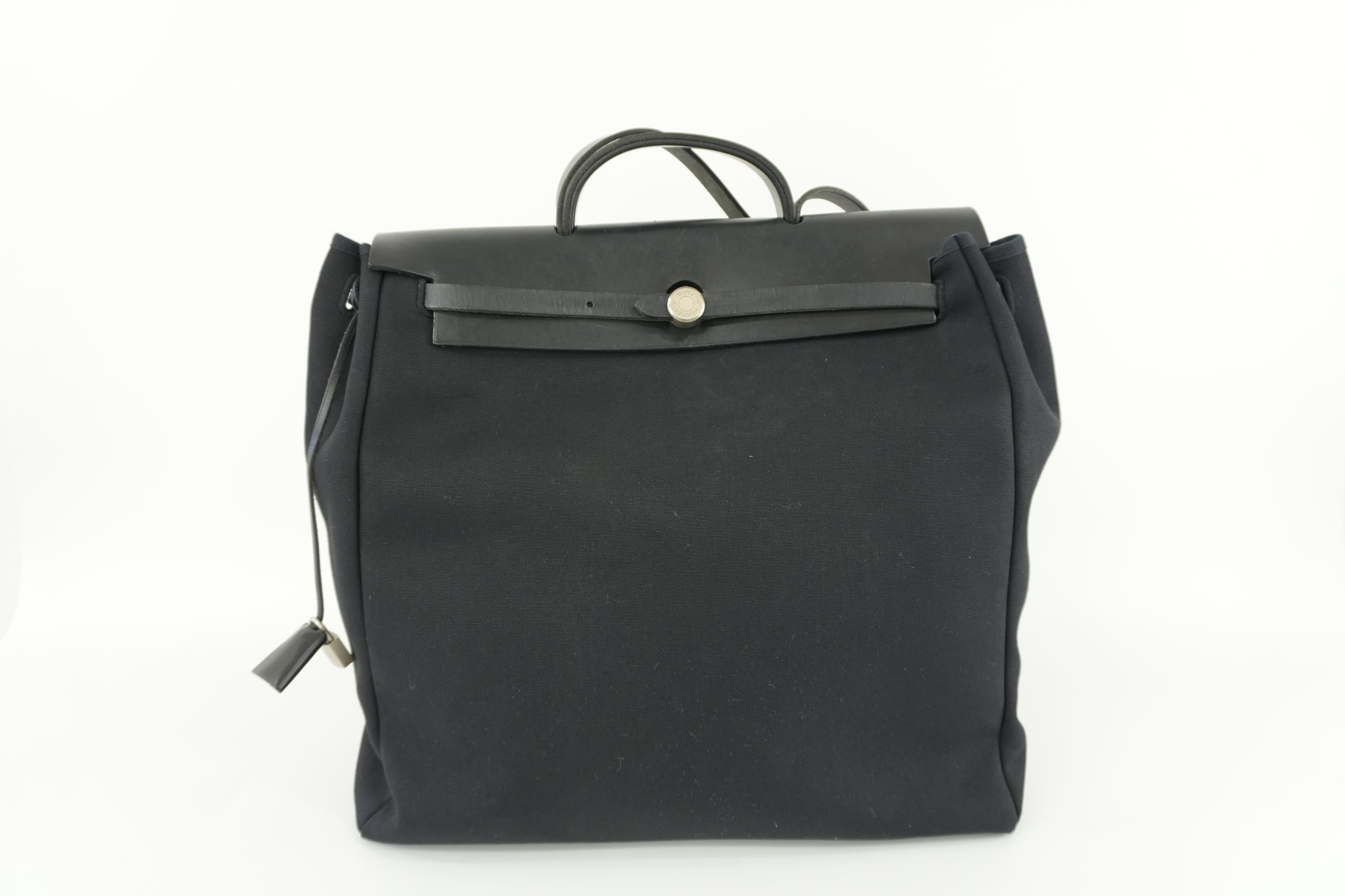 Hermes Herbag Toile Officer MM Black Canvas Used