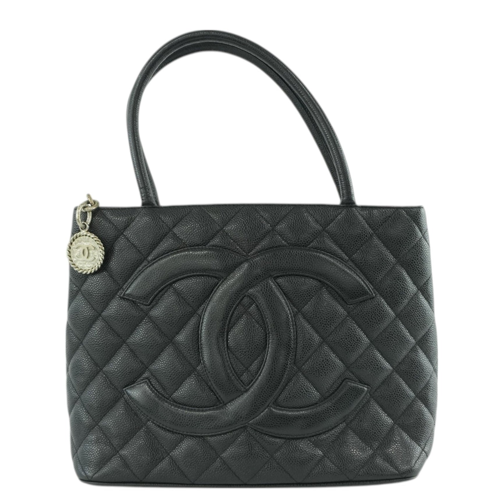 Chanel Medallion Caviar Tote Bag Silver Hardware Black Used