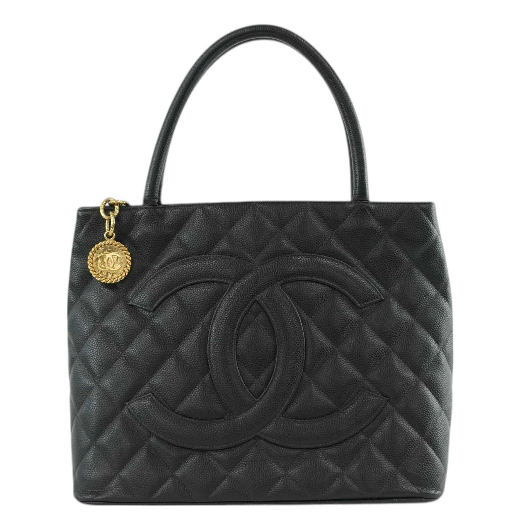 Chanel Medallion Caviar Tote Bag Gold Hardware Black Used