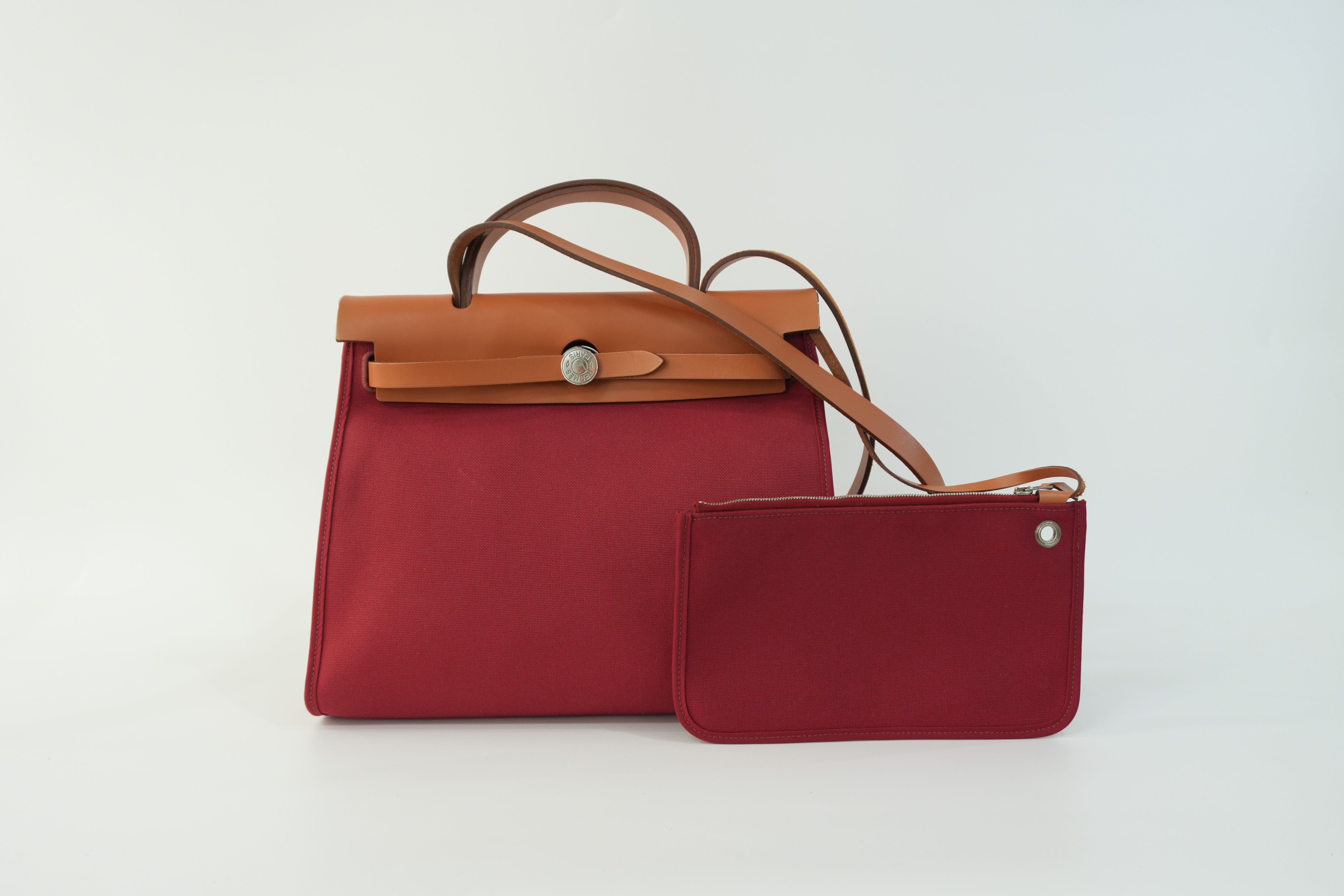 Hermes Canvas Herzip Tote Bag Red Orange Used
