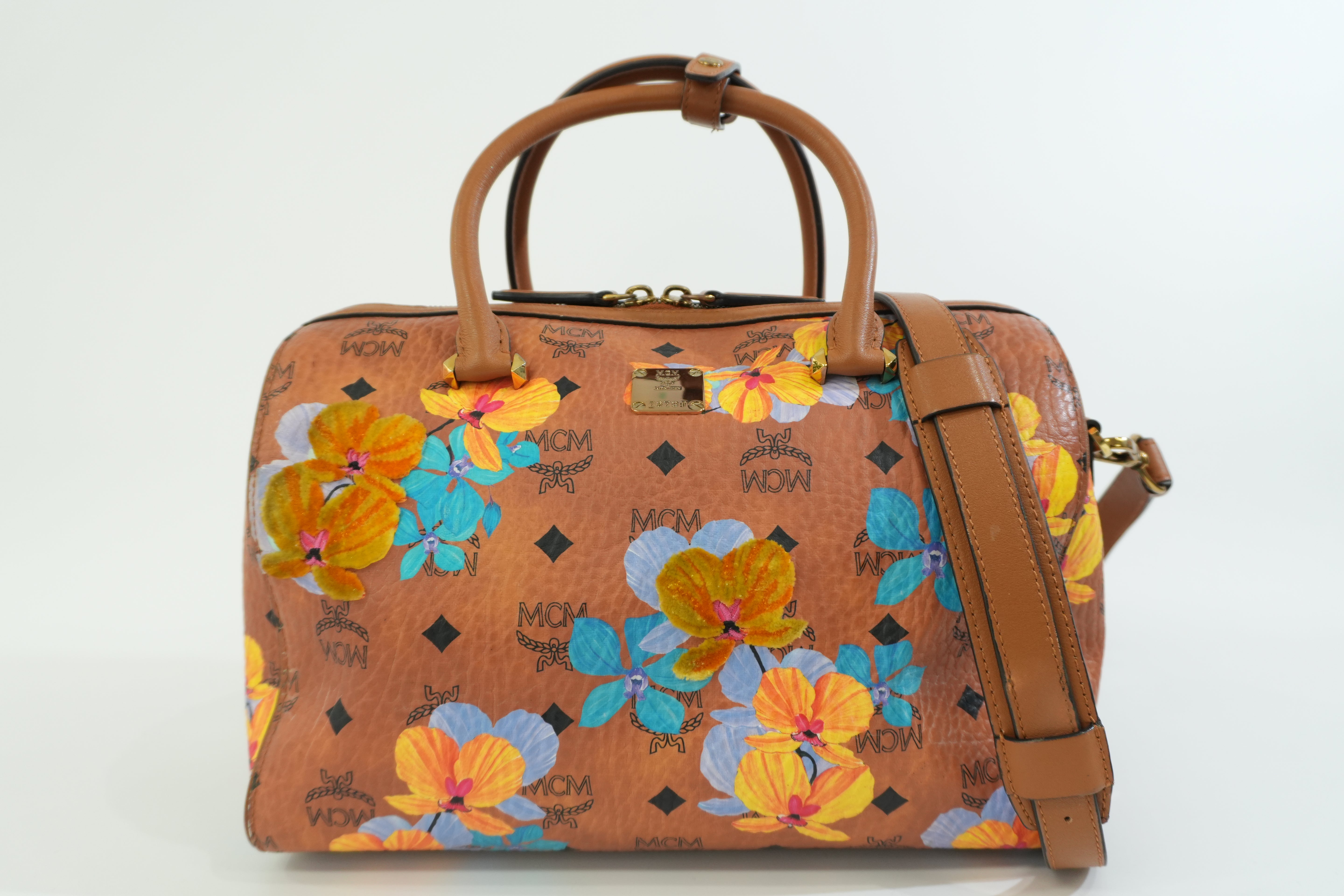 Pre-owned MCM Orchid Floral Two Way Visetos Mini Boston Cognac Used