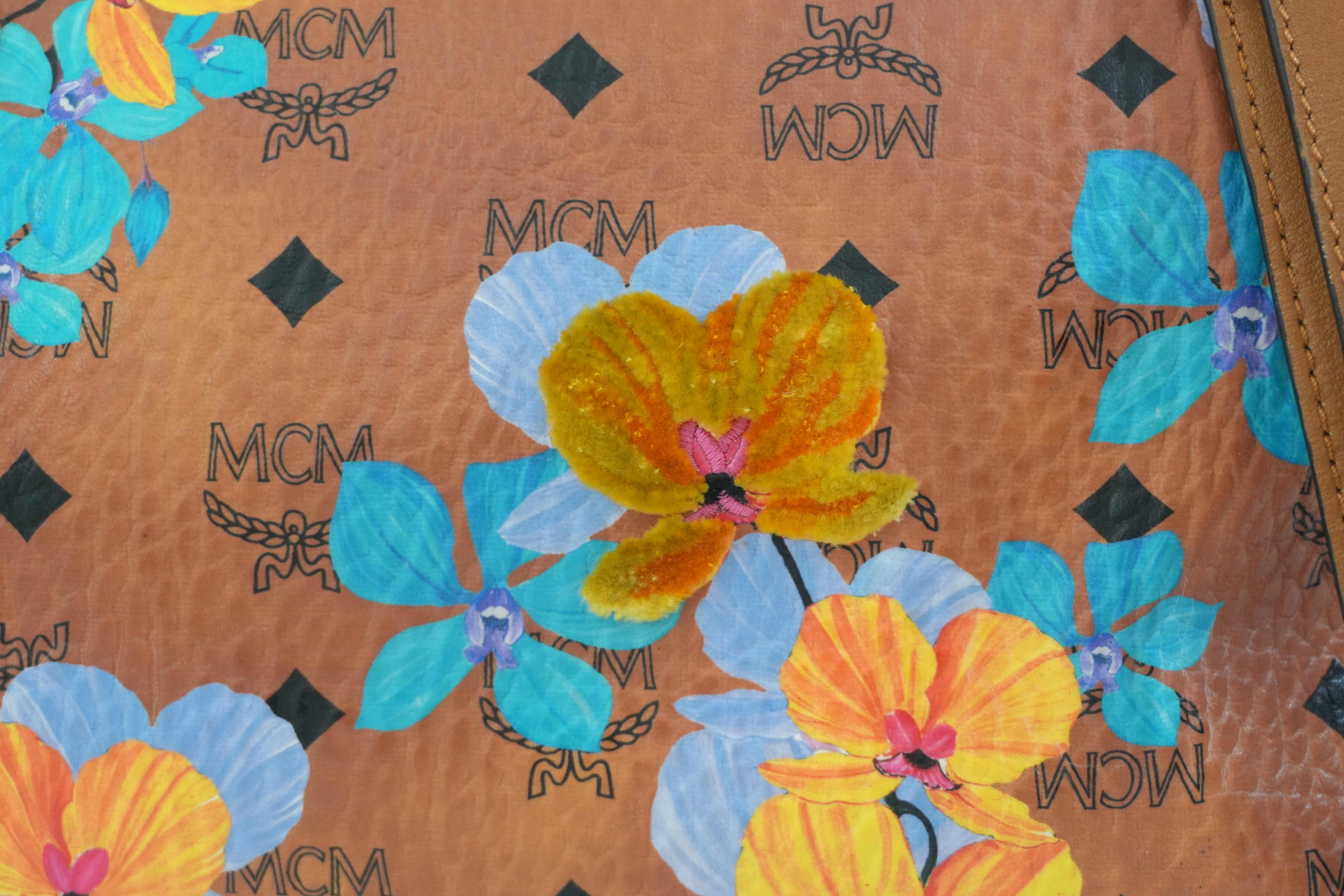 Pre-owned MCM Orchid Floral Two Way Visetos Mini Boston Cognac Used