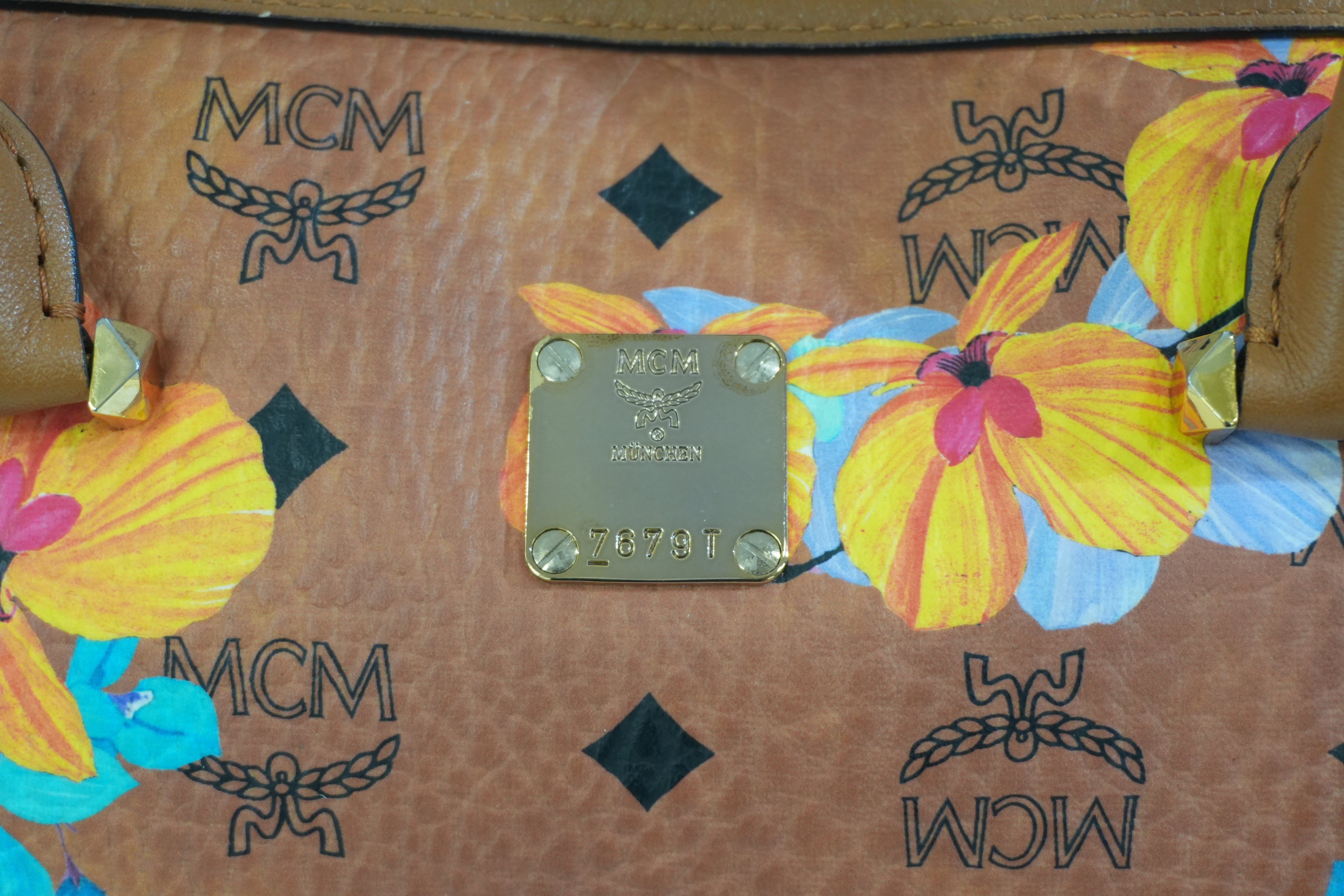 Pre-owned MCM Orchid Floral Two Way Visetos Mini Boston Cognac Used