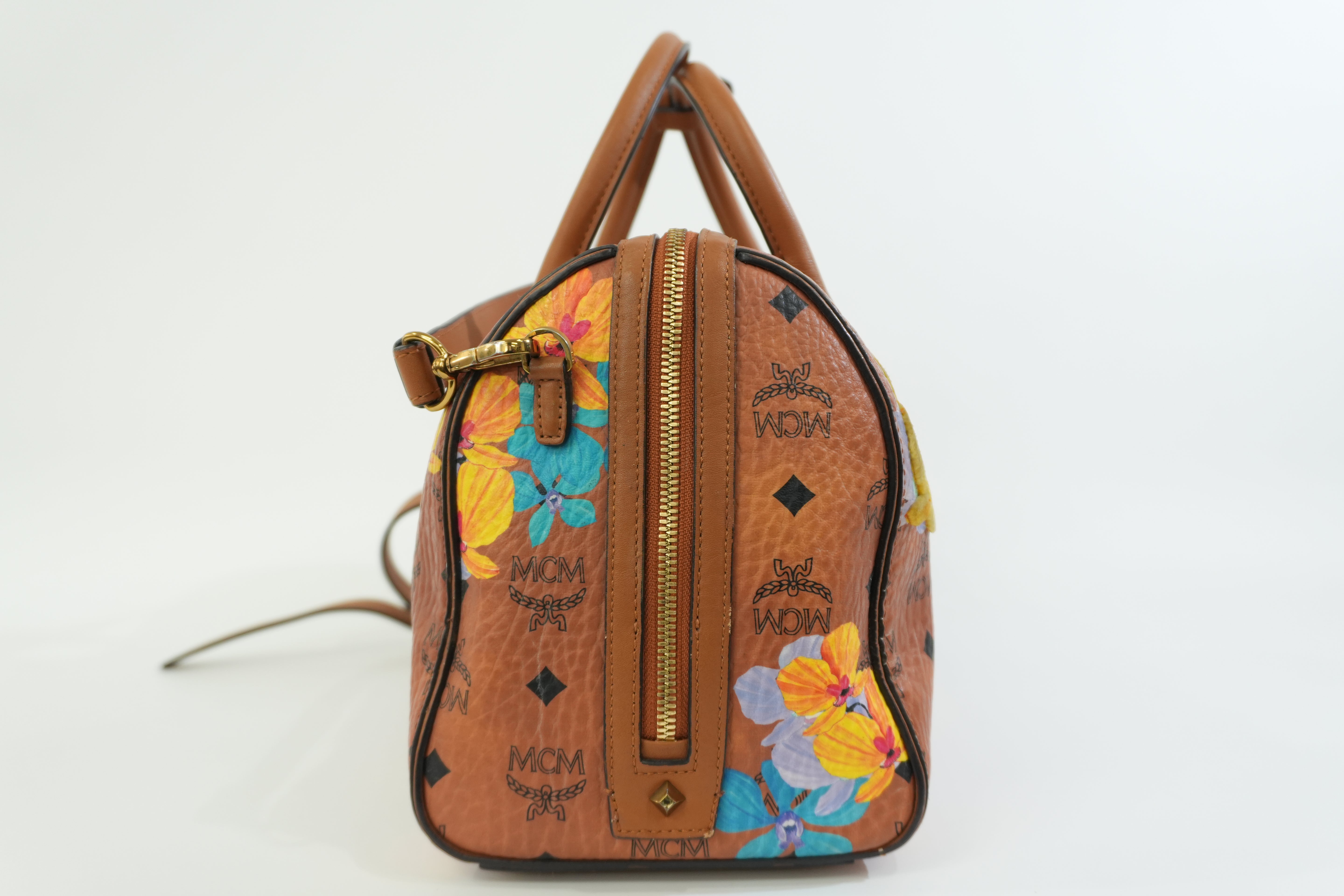 Pre-owned MCM Orchid Floral Two Way Visetos Mini Boston Cognac Used