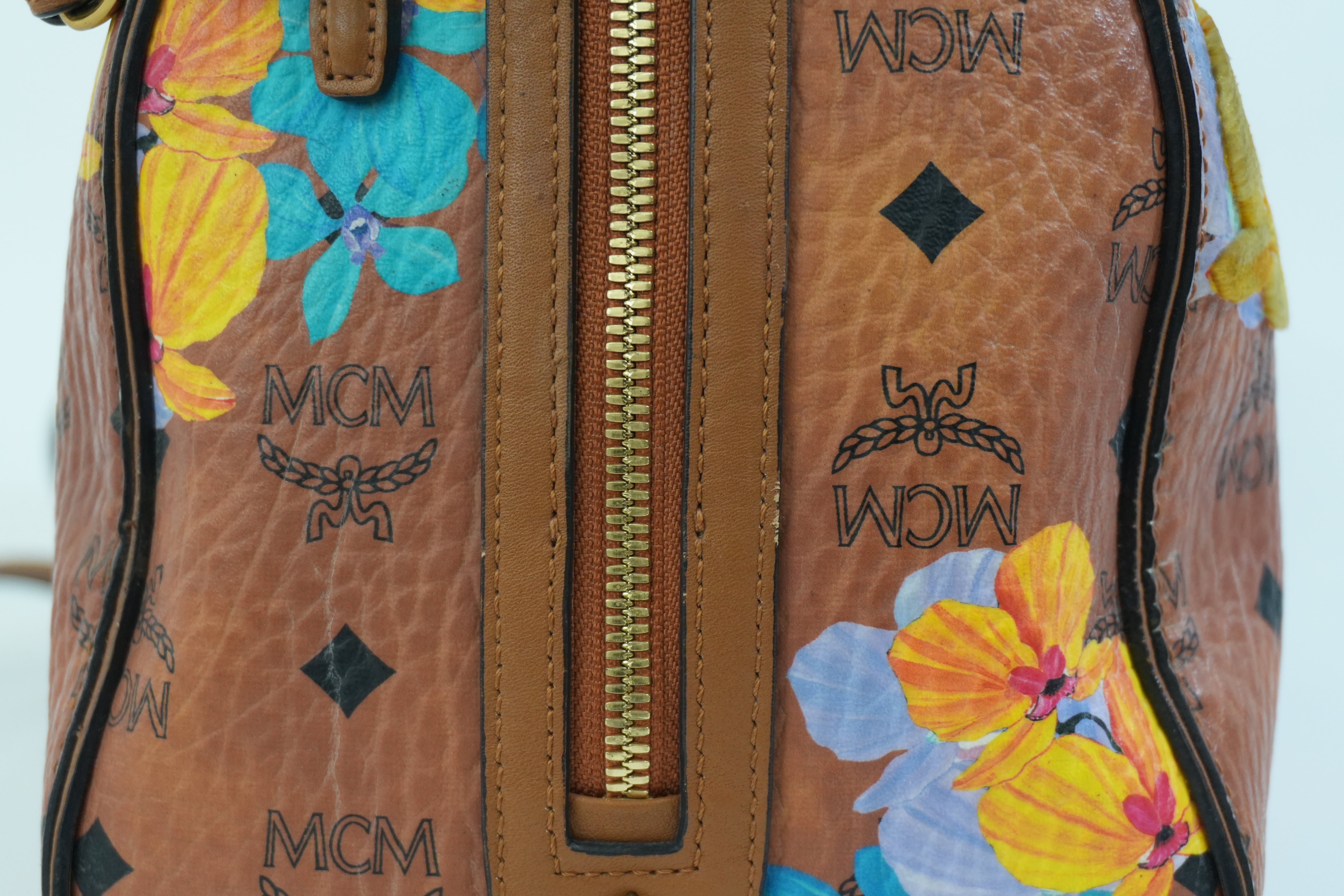 Pre-owned MCM Orchid Floral Two Way Visetos Mini Boston Cognac Used