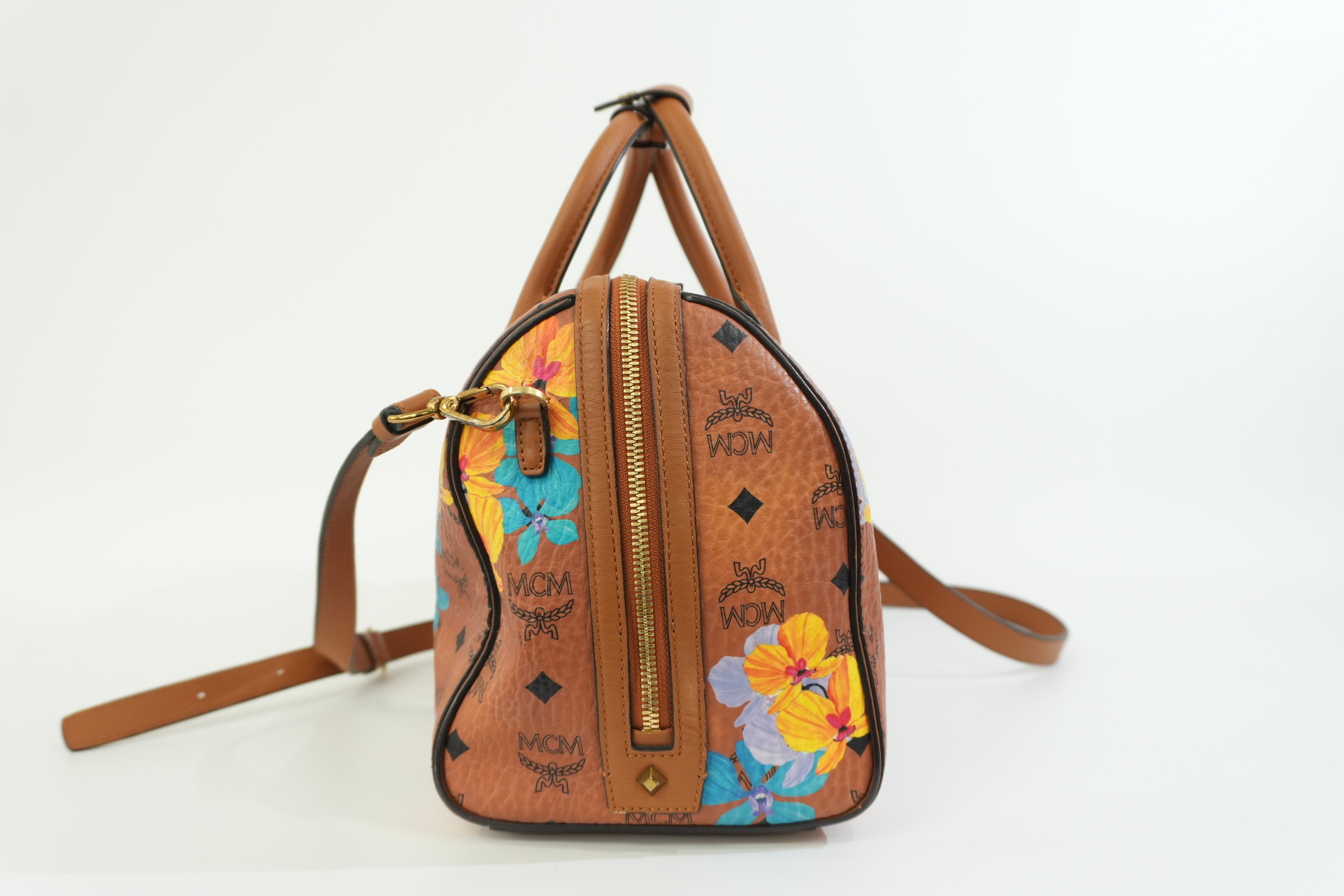 Pre-owned MCM Orchid Floral Two Way Visetos Mini Boston Cognac Used