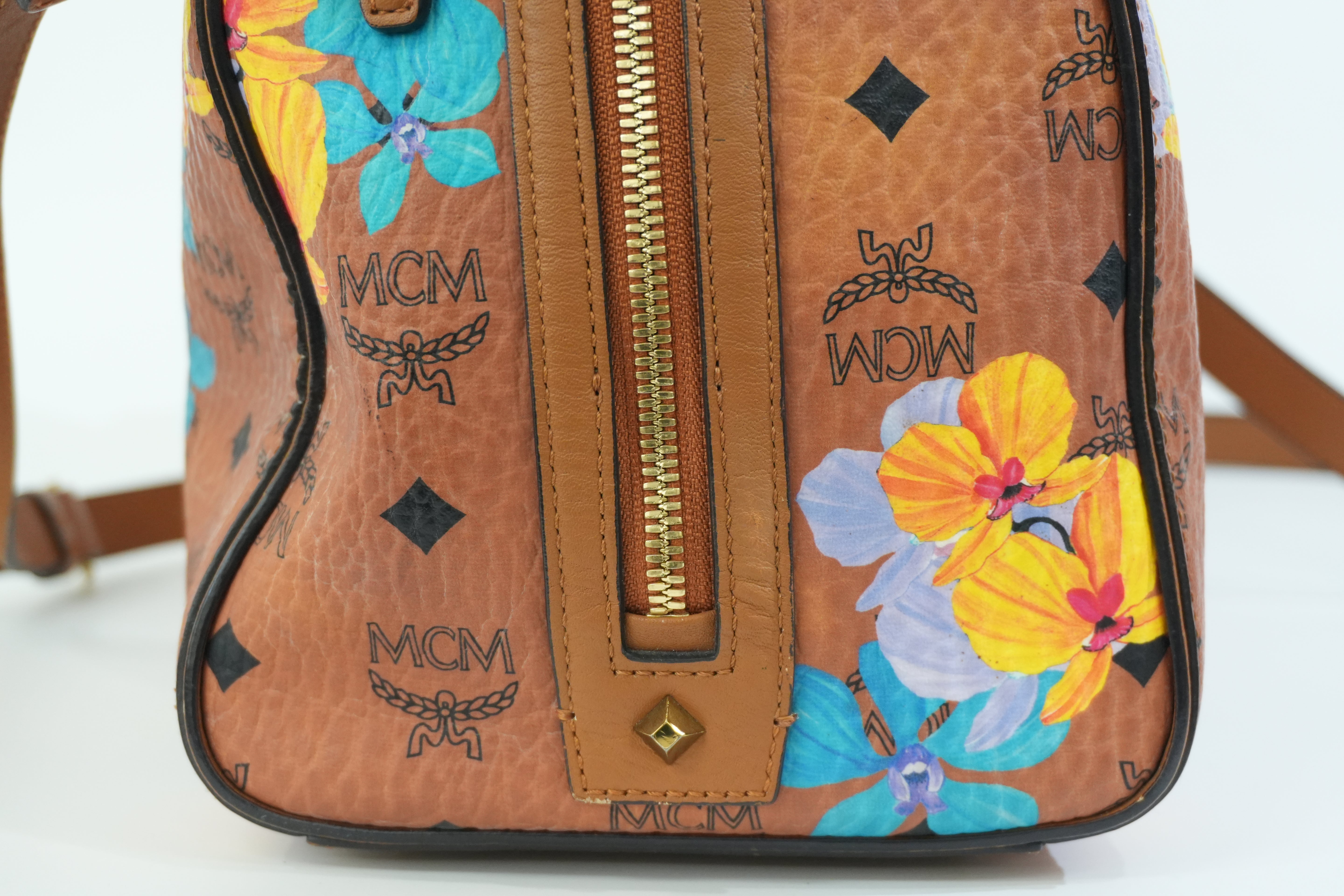 Pre-owned MCM Orchid Floral Two Way Visetos Mini Boston Cognac Used