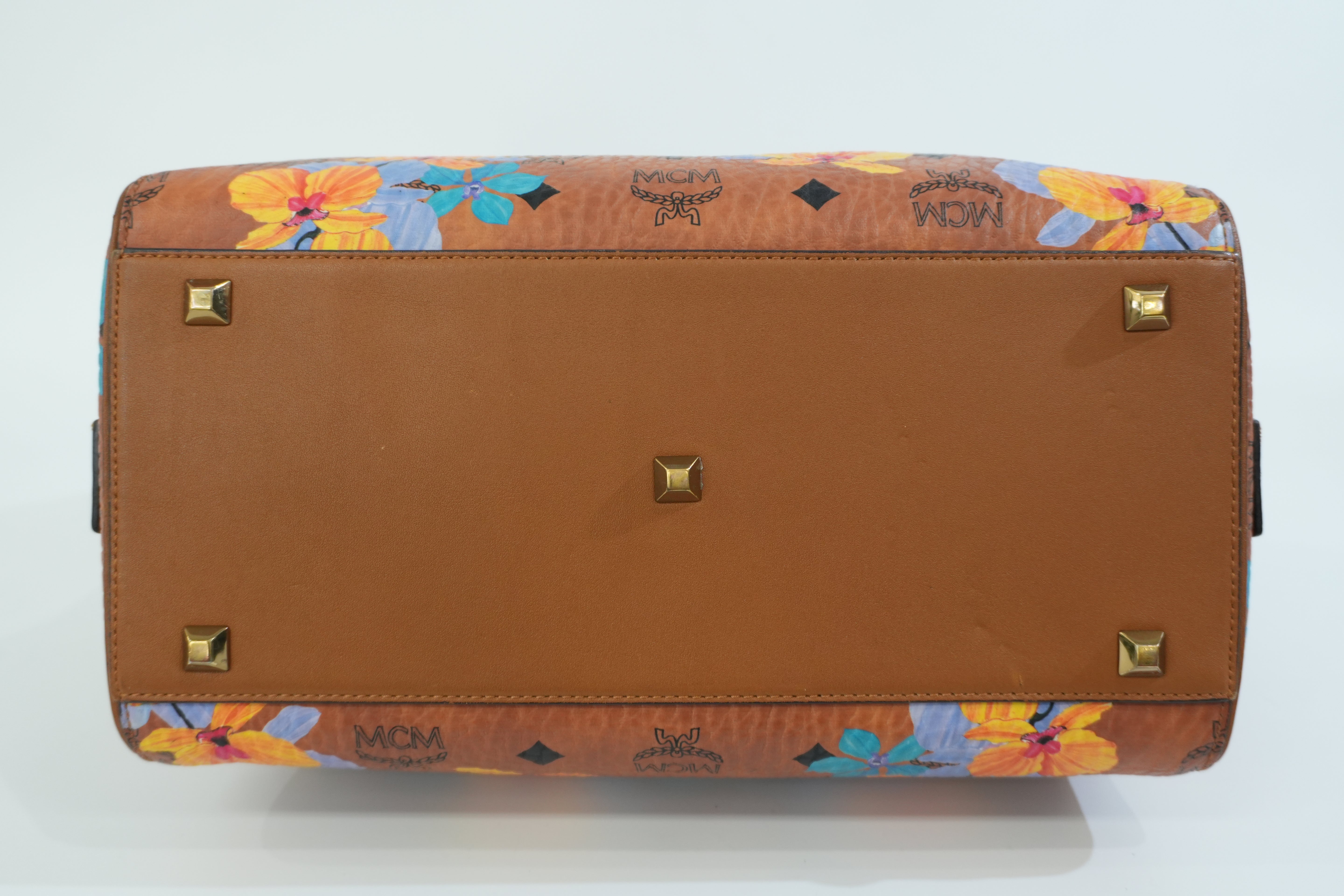 Pre-owned MCM Orchid Floral Two Way Visetos Mini Boston Cognac Used