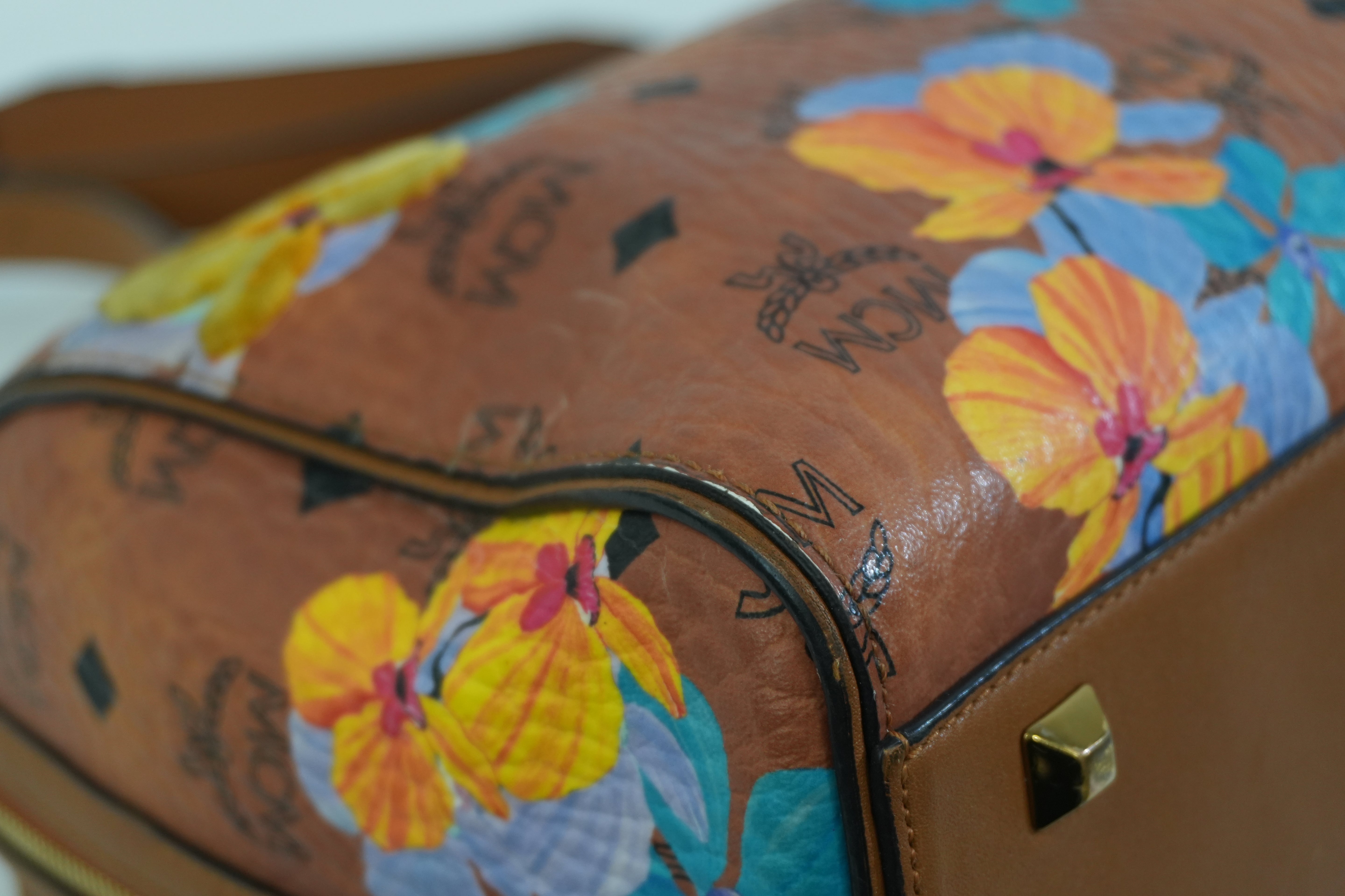 Pre-owned MCM Orchid Floral Two Way Visetos Mini Boston Cognac Used