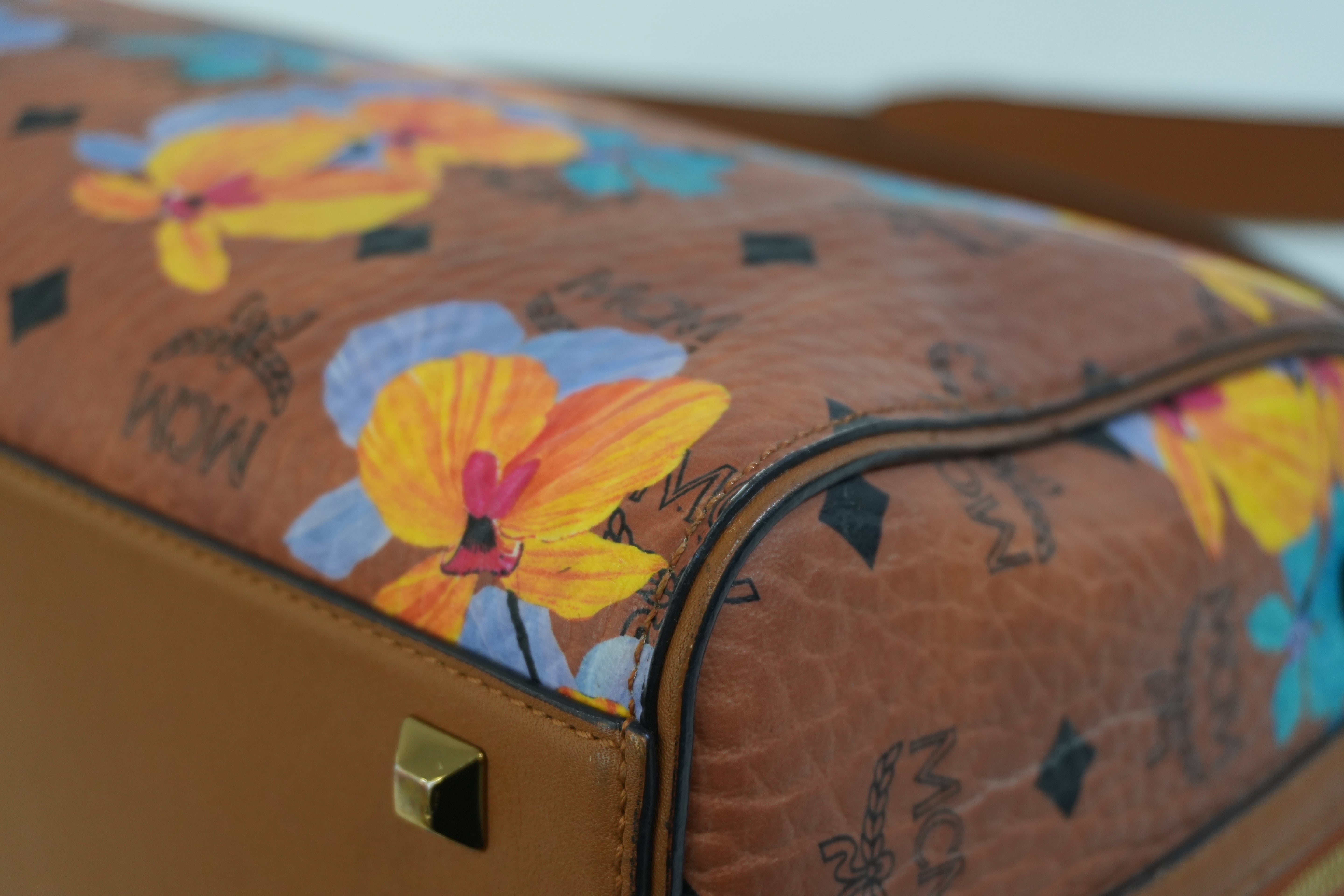 Pre-owned MCM Orchid Floral Two Way Visetos Mini Boston Cognac Used